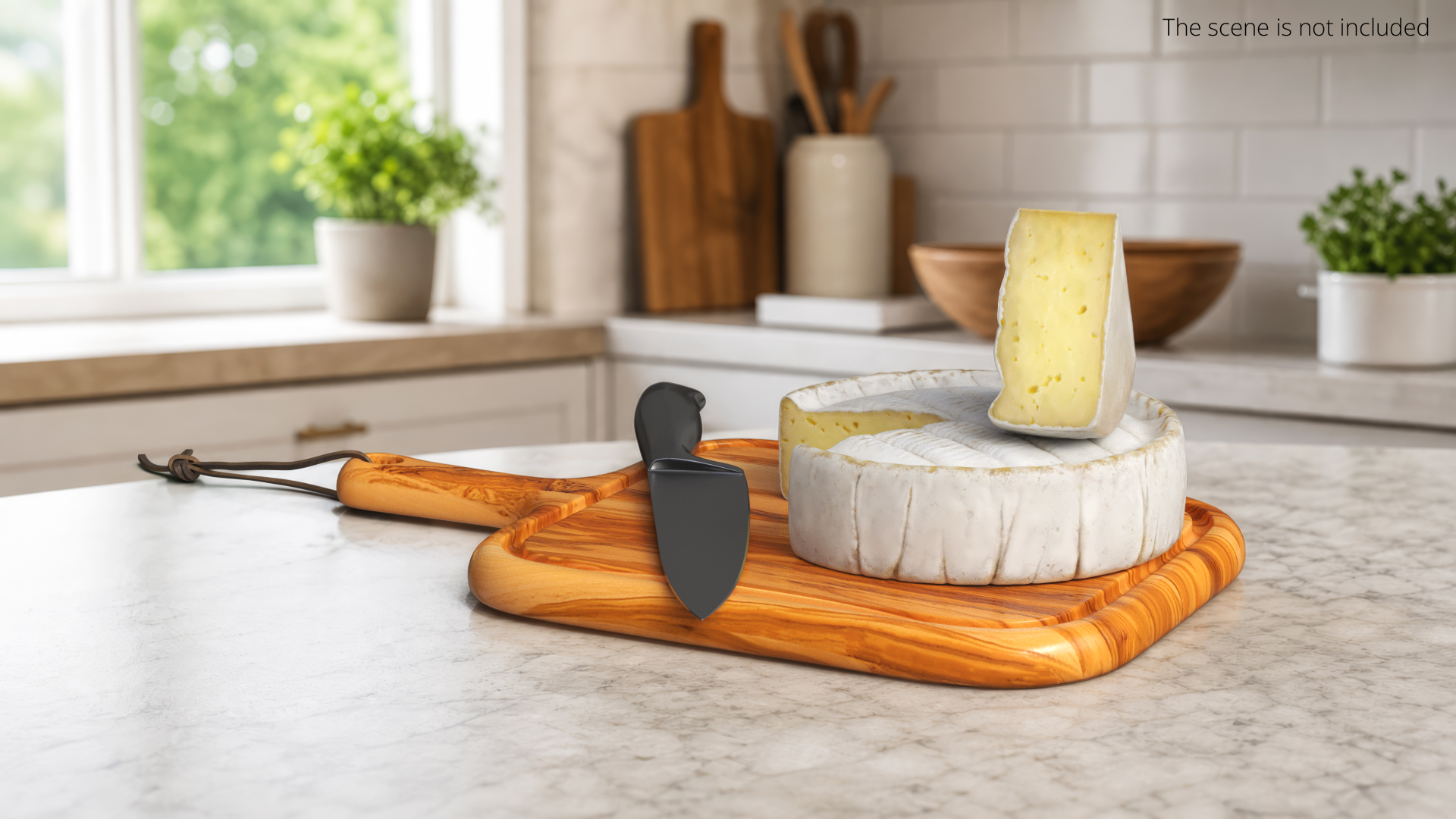 Brie Cheese Wheel on Wooden Board with Knife, view 2