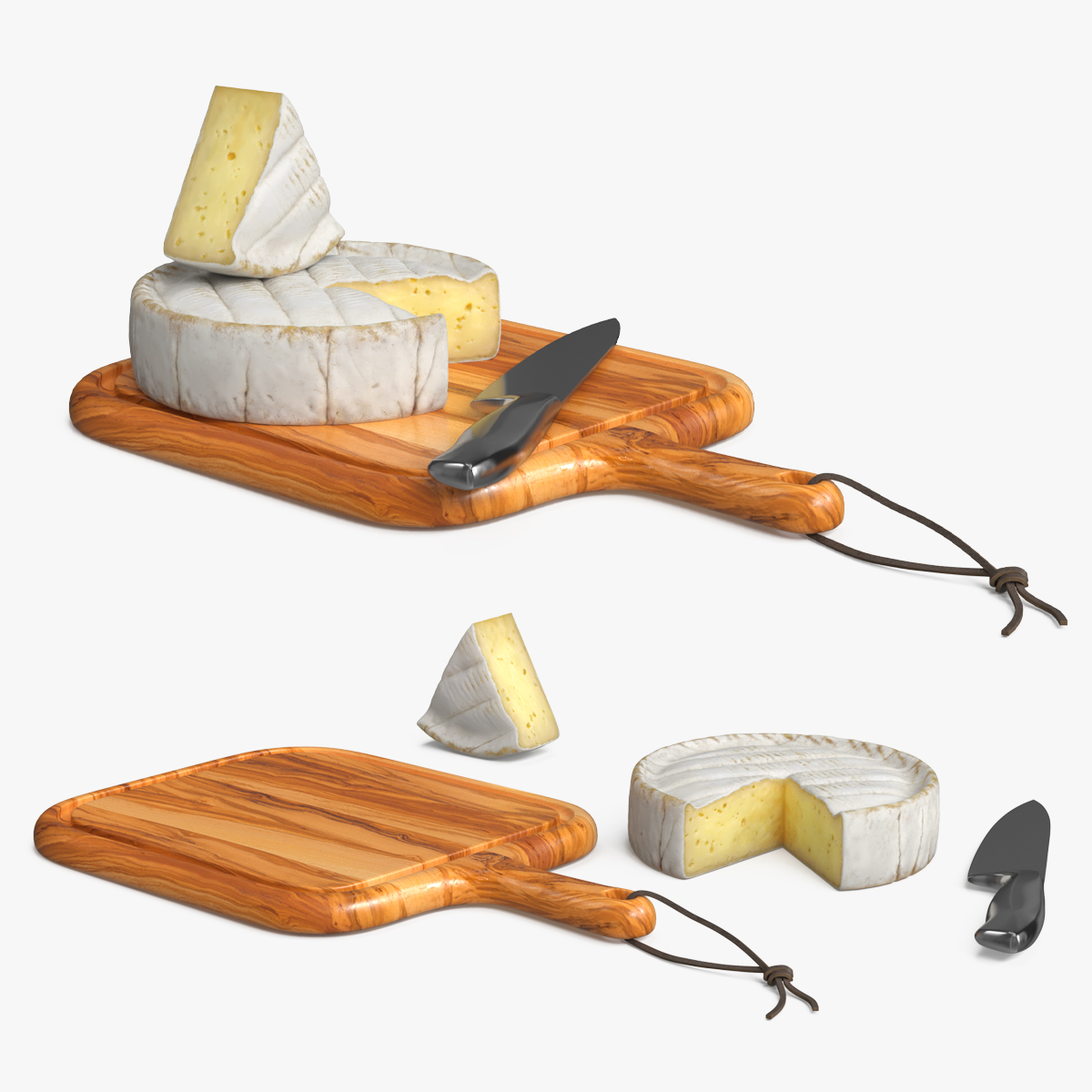 Brie Cheese Wheel on Wooden Board with Knife