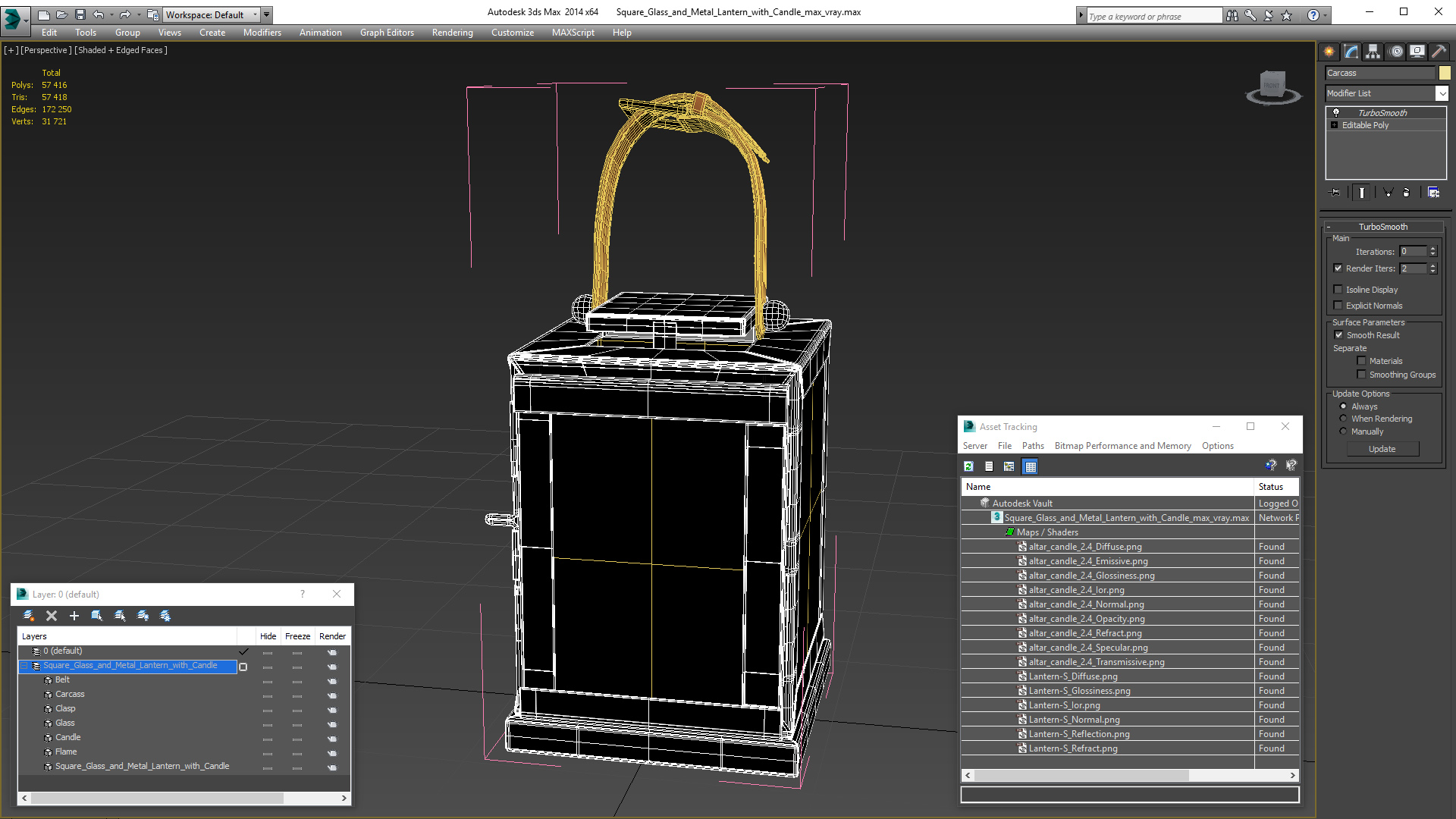 Square Glass and Metal Lantern with Candle 3D