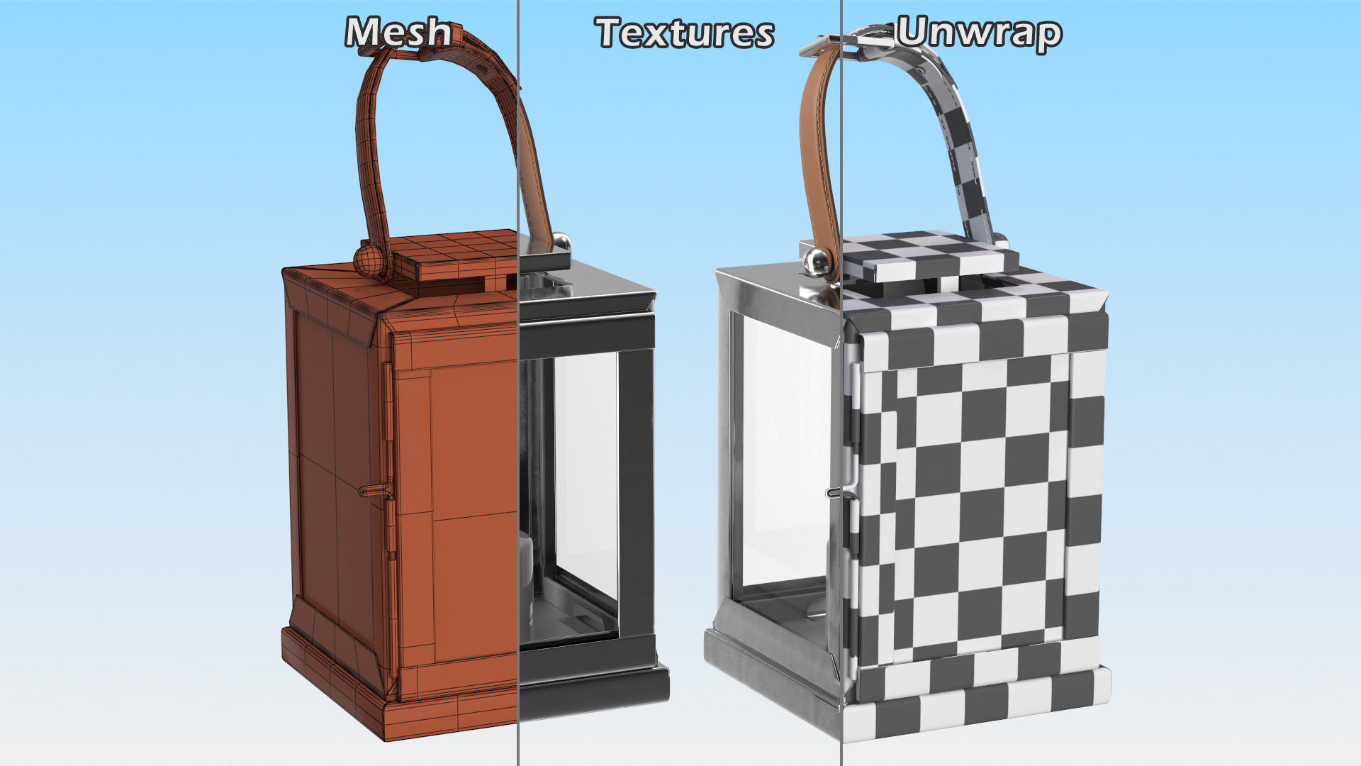 Square Glass and Metal Lantern with Candle 3D