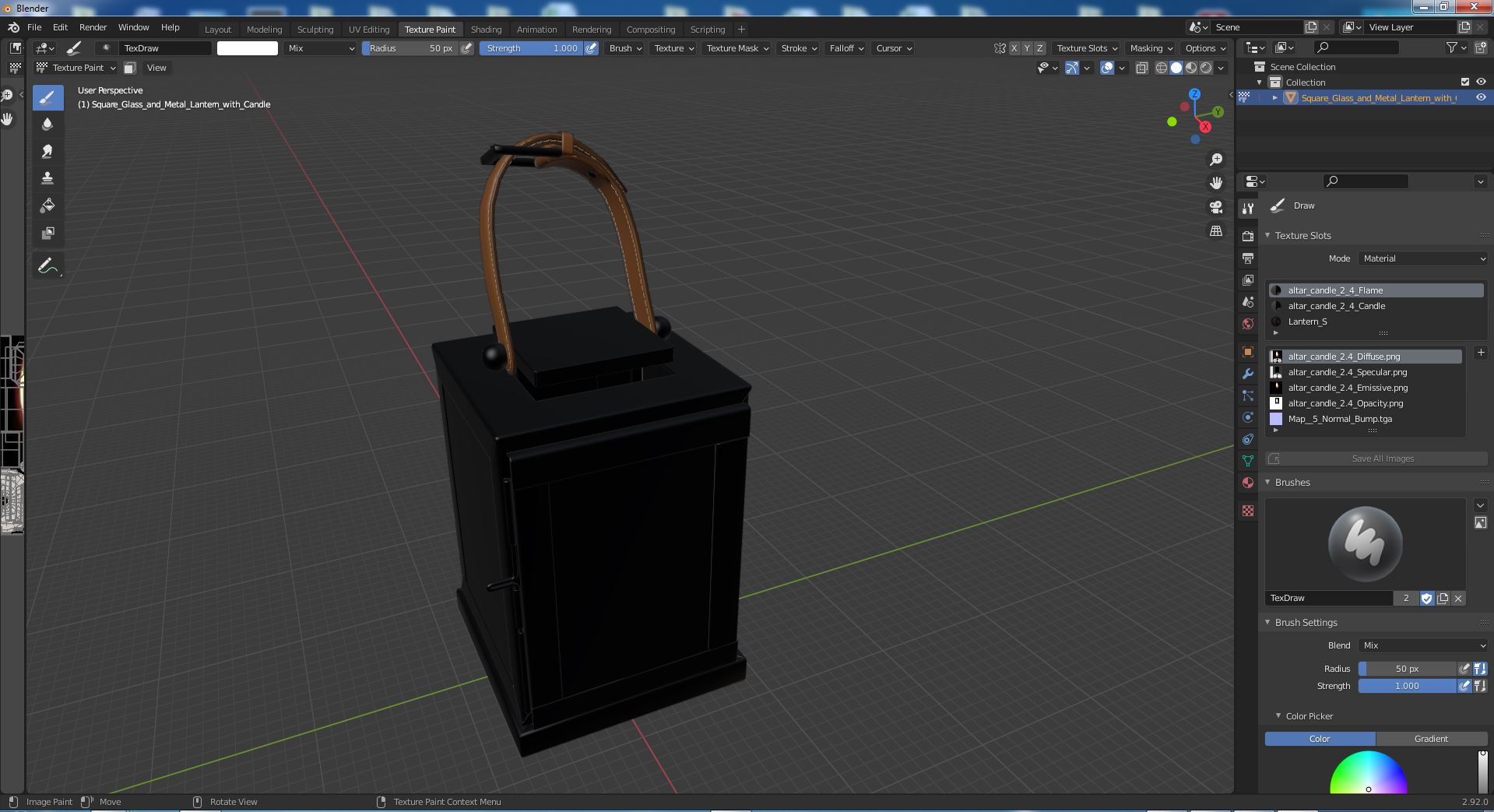Square Glass and Metal Lantern with Candle 3D