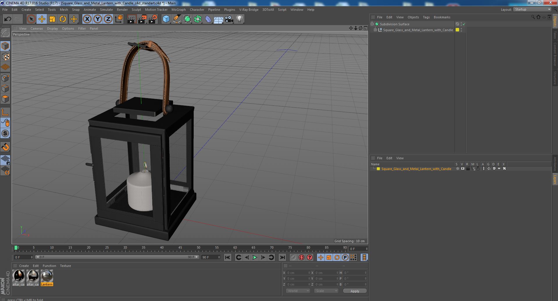 Square Glass and Metal Lantern with Candle 3D