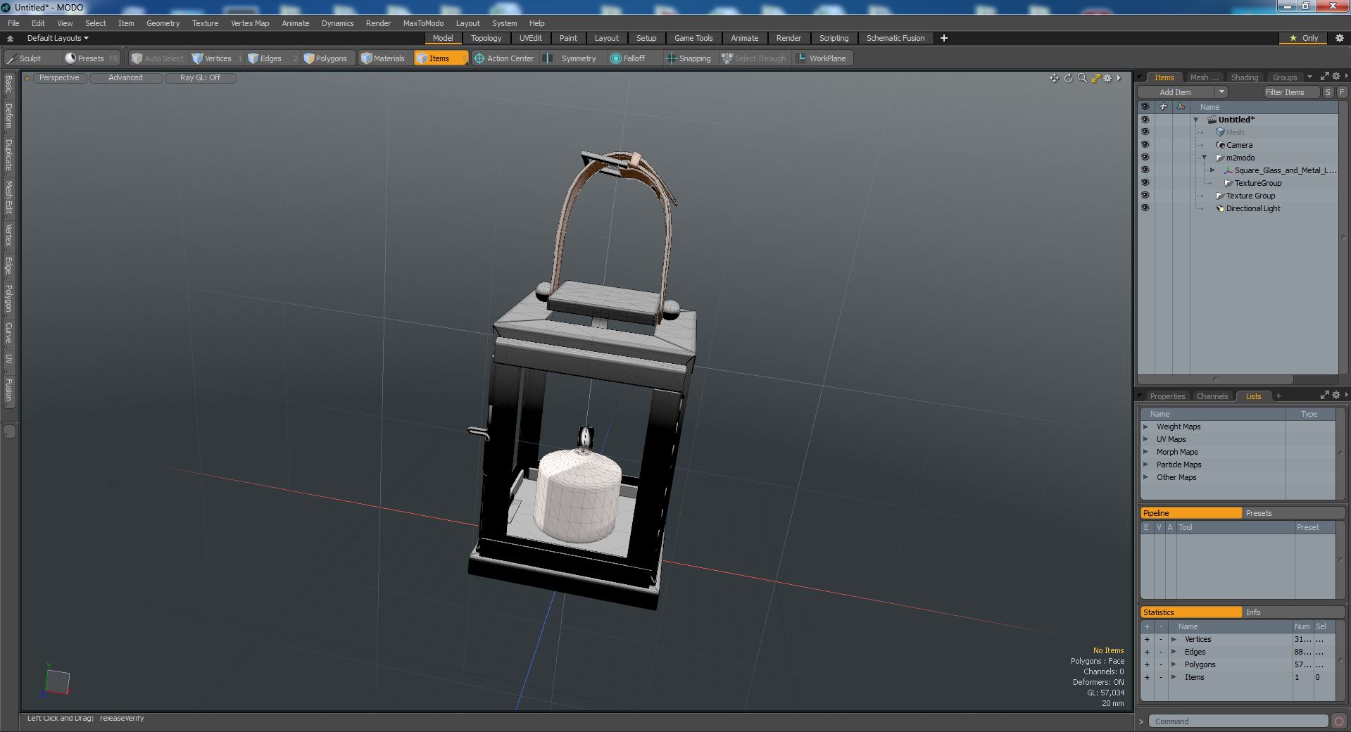 Square Glass and Metal Lantern with Candle 3D