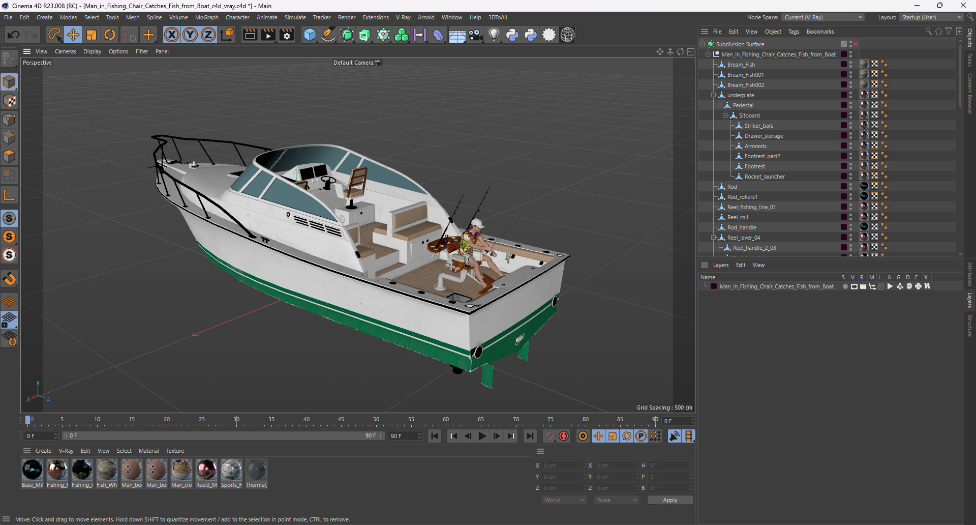 3D Man in Fishing Chair Catches Fish from Boat model