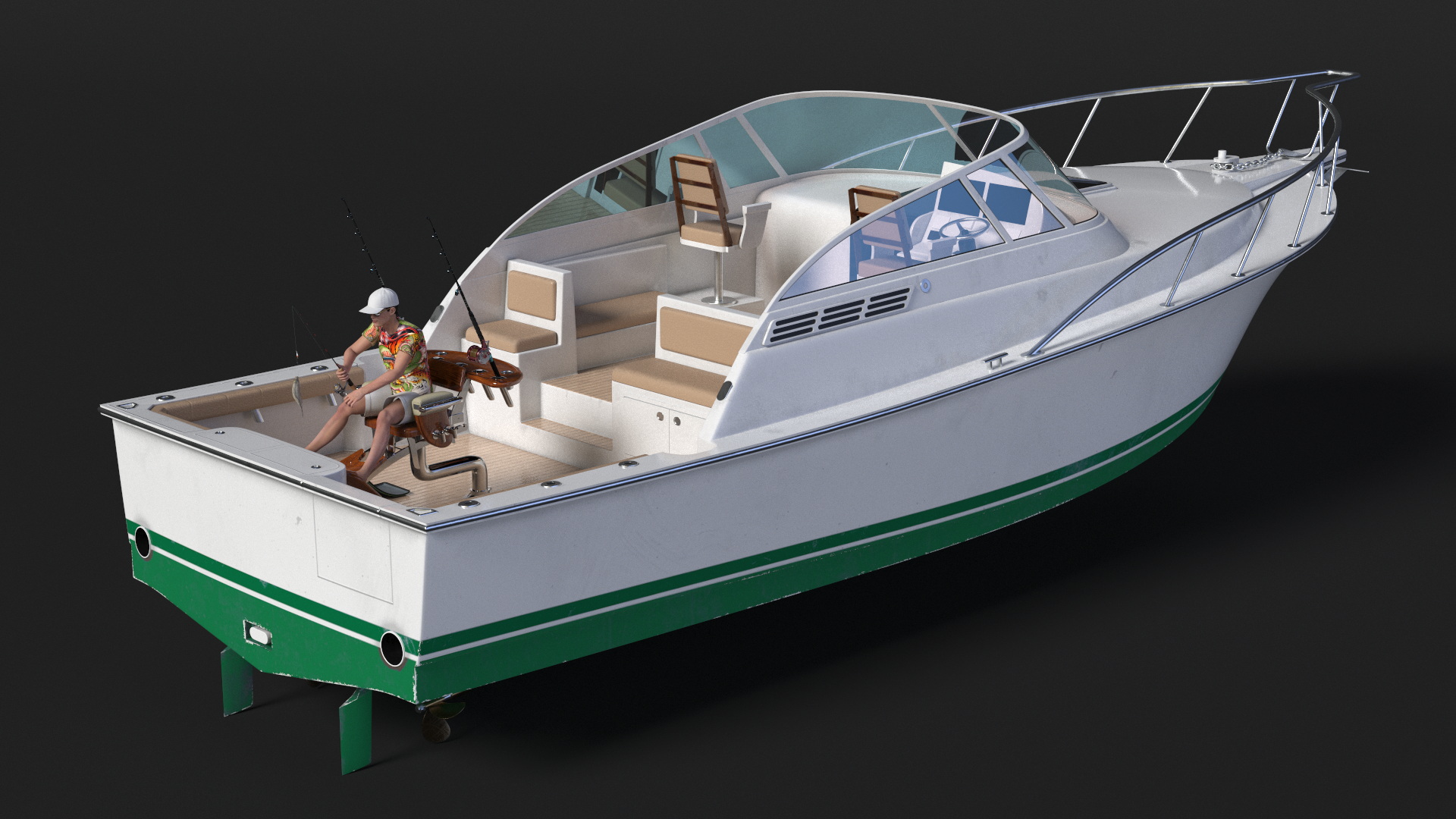3D Man in Fishing Chair Catches Fish from Boat model