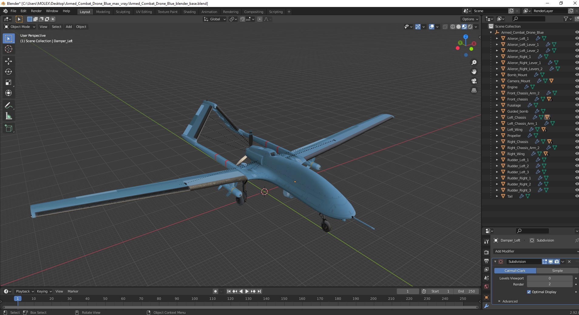 3D Armed Combat Drone Blue model