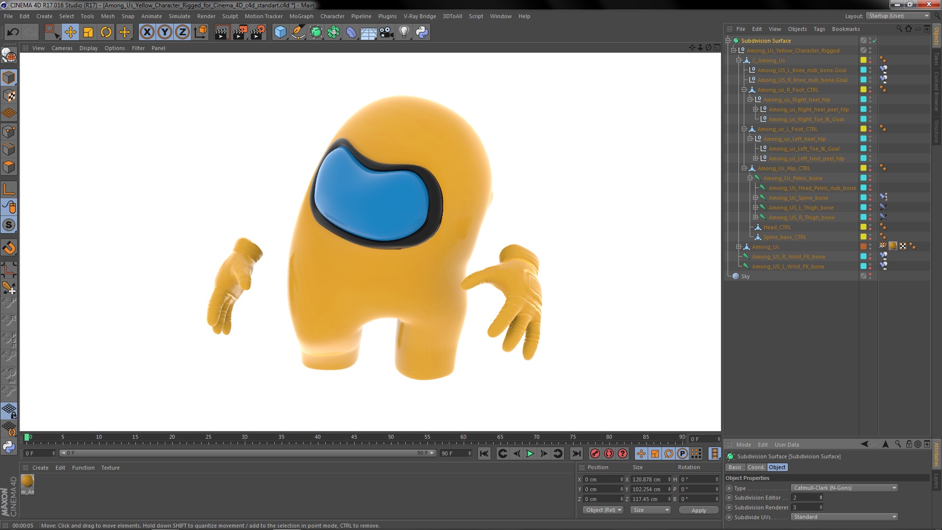 3D Among Us Yellow Character Rigged for Cinema 4D