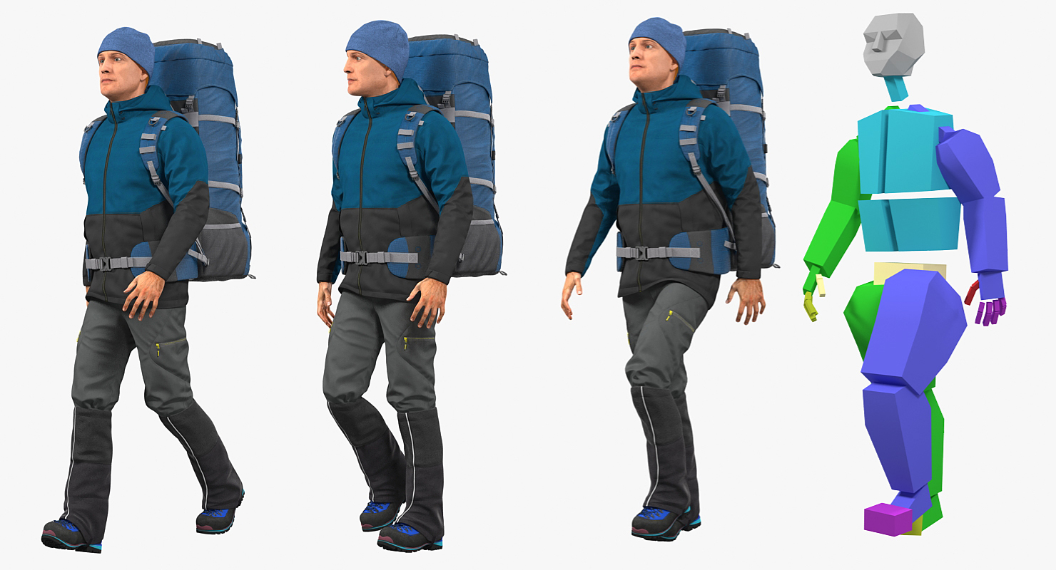 3D Winter Hiking Clothes Men with Backpack Rigged