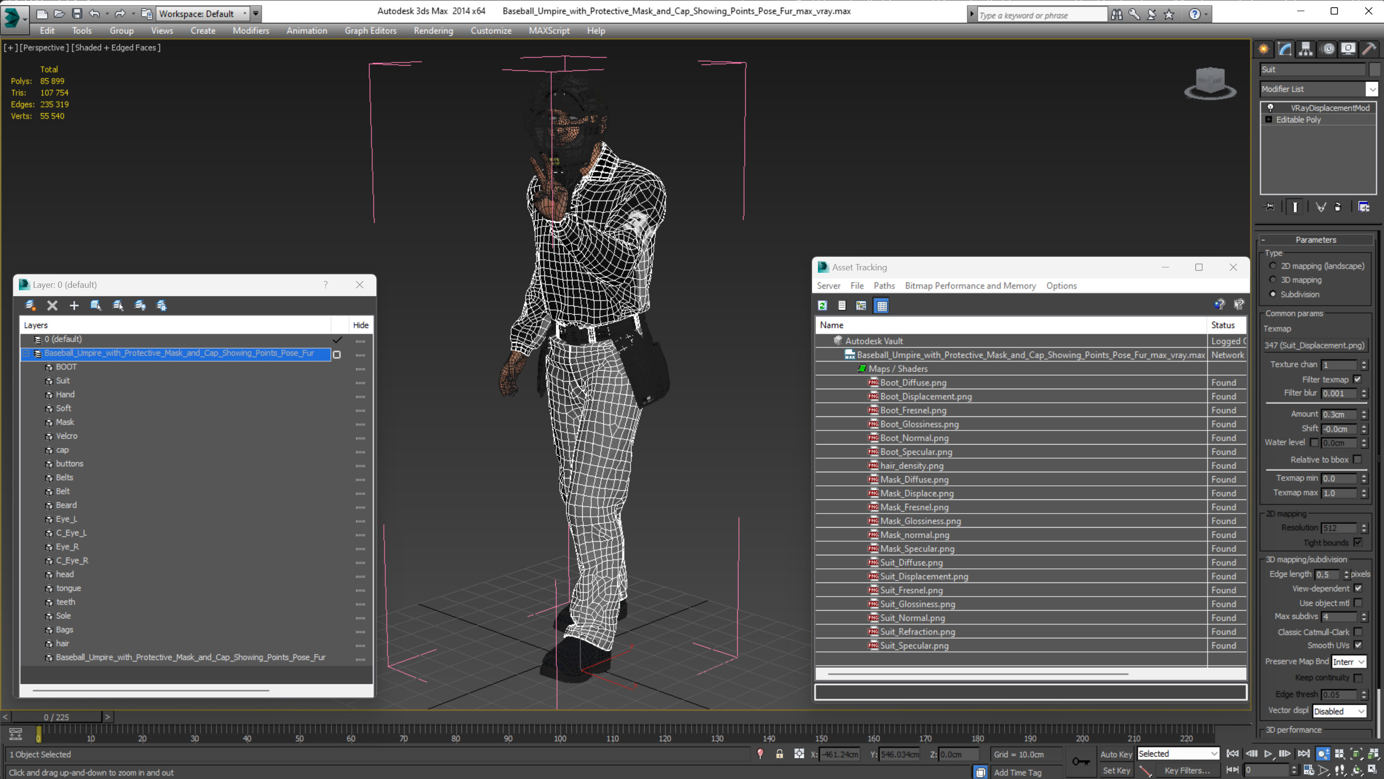 3D Baseball Umpire with Protective Mask and Cap Showing Points Pose Fur model