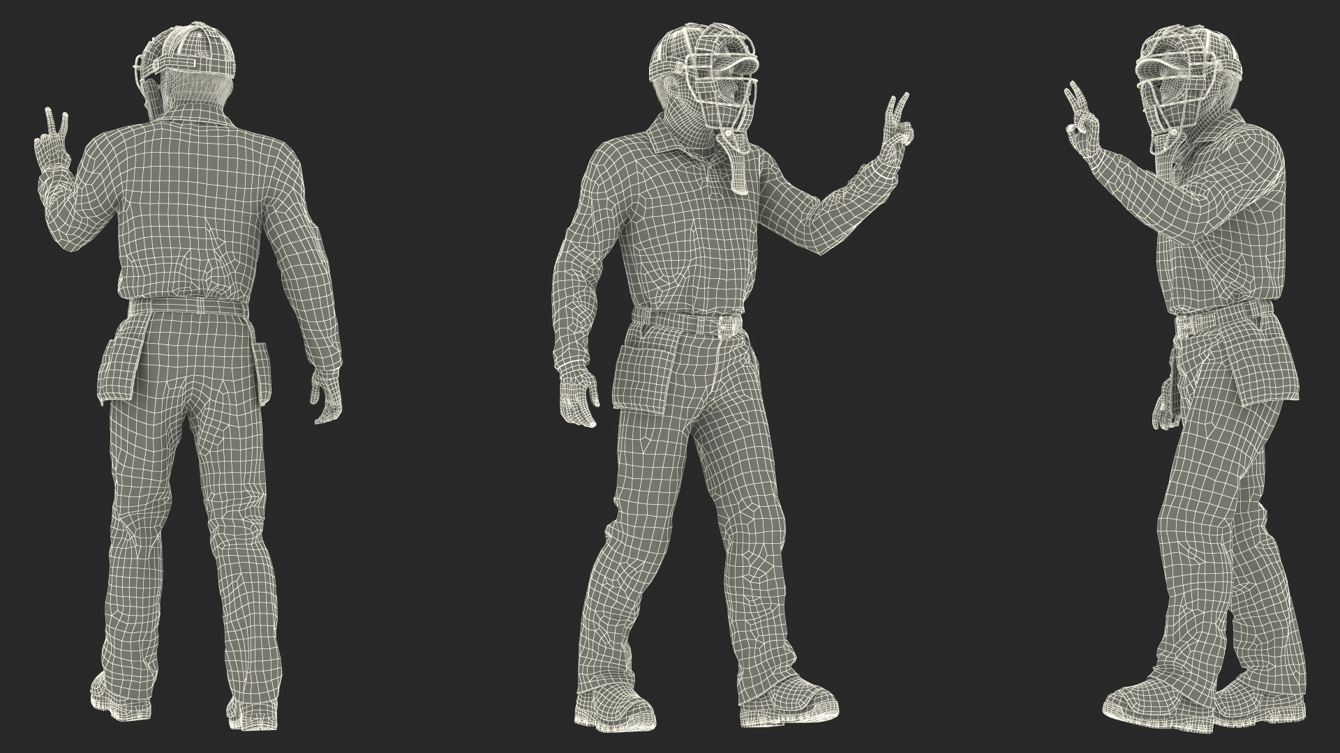 3D Baseball Umpire with Protective Mask and Cap Showing Points Pose Fur model