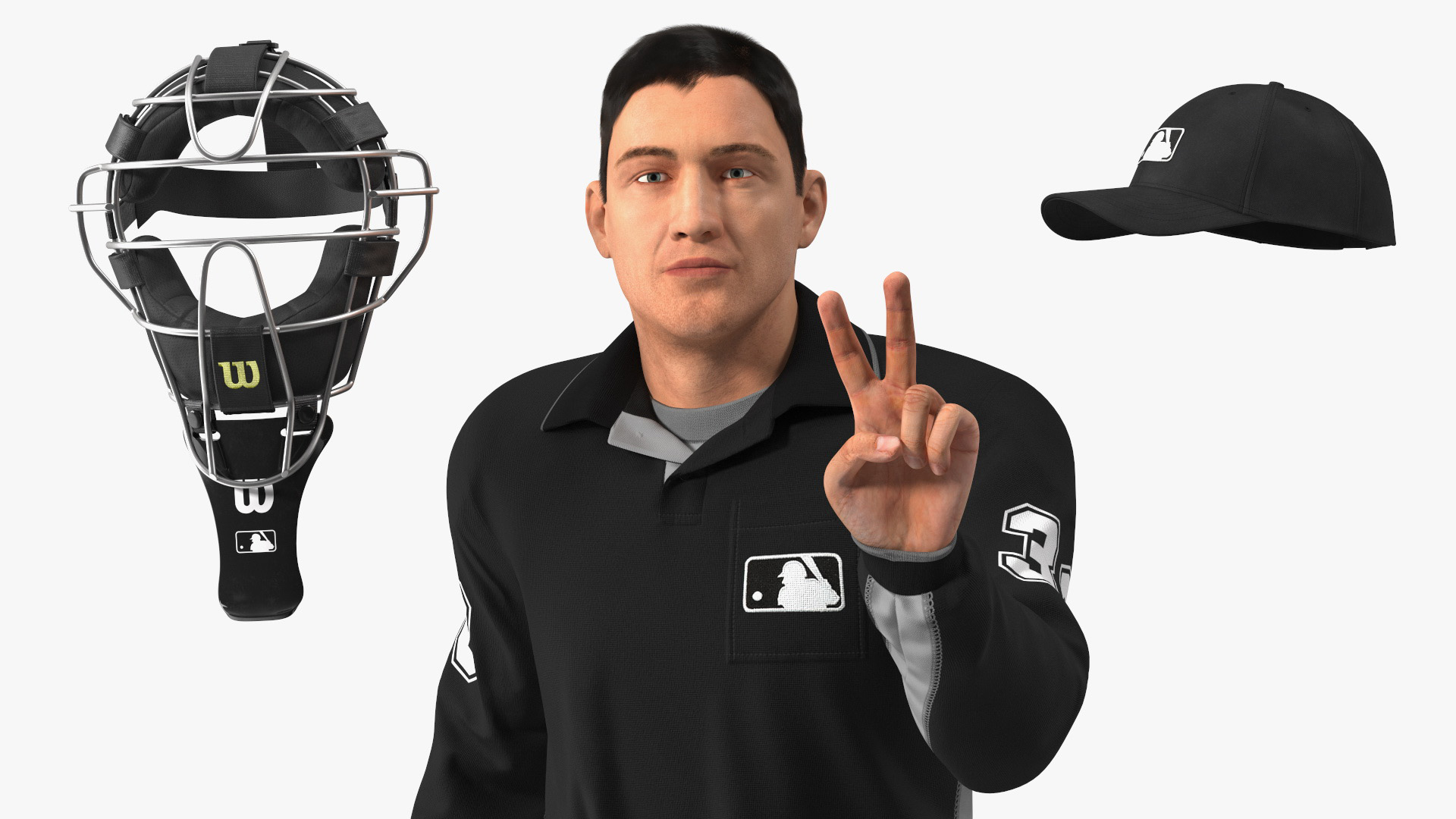 3D Baseball Umpire with Protective Mask and Cap Showing Points Pose Fur model