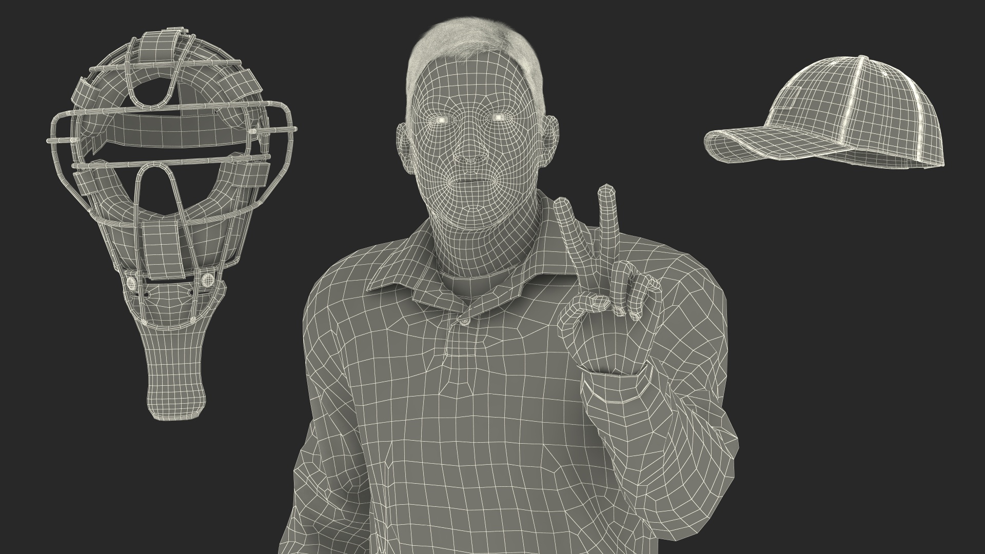 3D Baseball Umpire with Protective Mask and Cap Showing Points Pose Fur model
