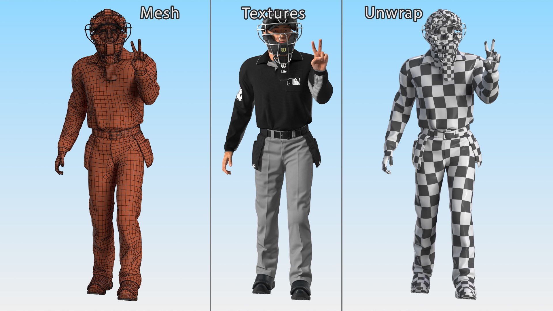 3D Baseball Umpire with Protective Mask and Cap Showing Points Pose Fur model