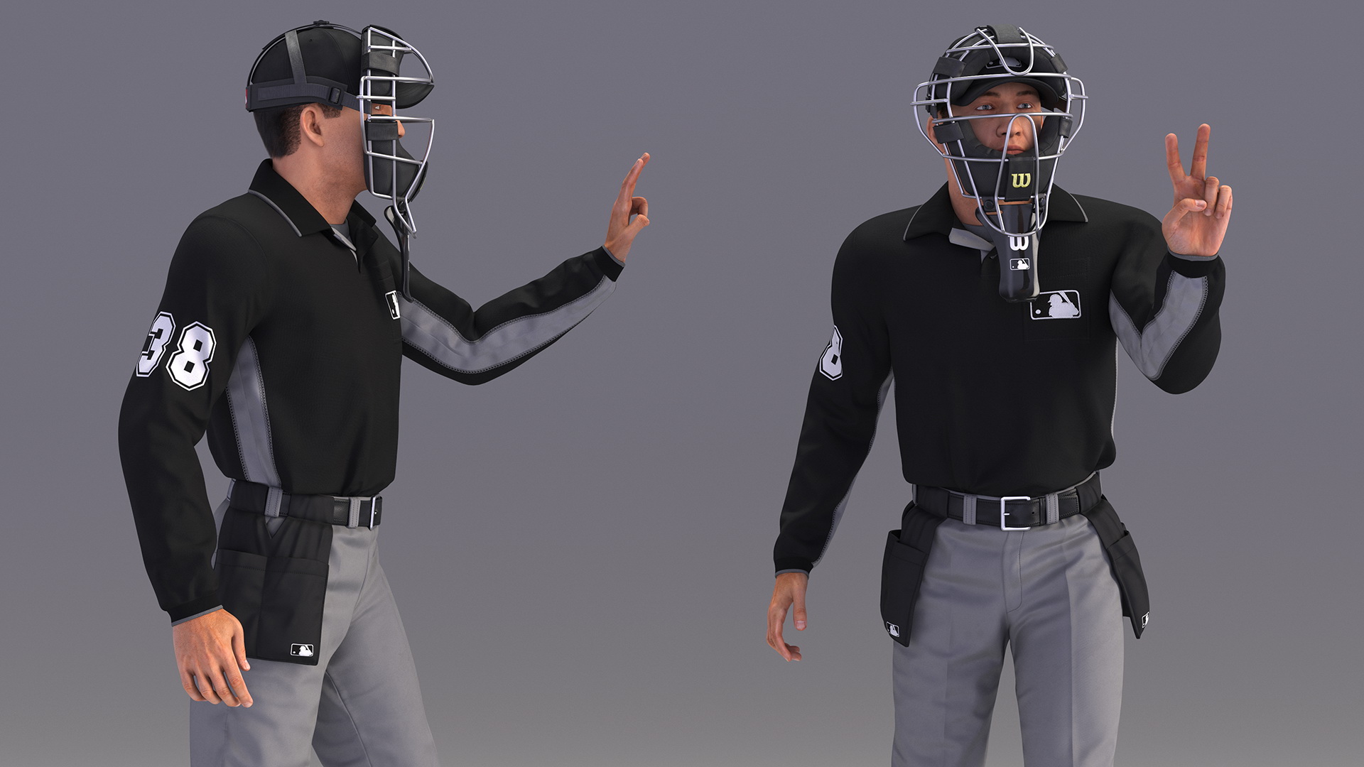 3D Baseball Umpire with Protective Mask and Cap Showing Points Pose Fur model