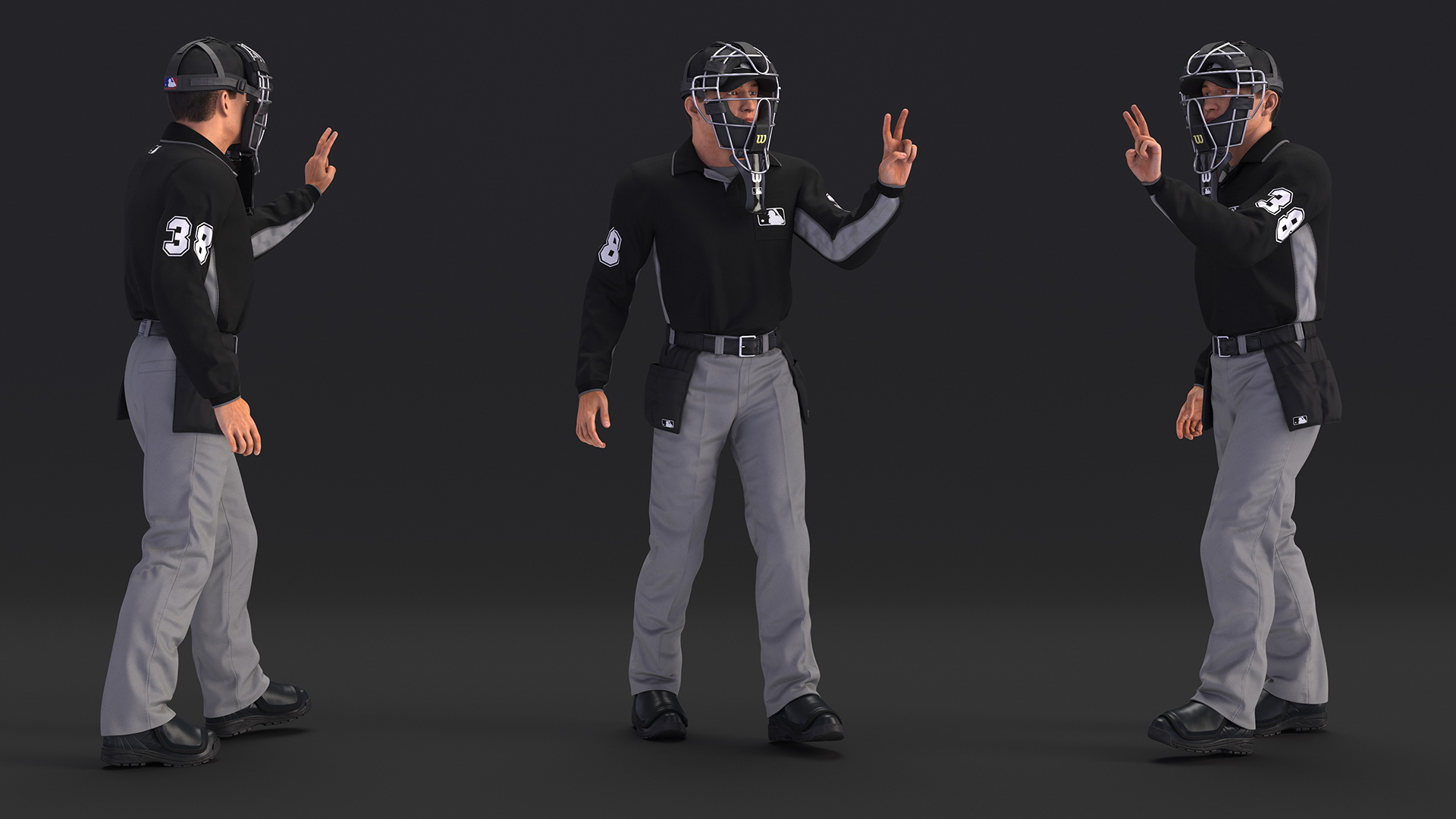 3D Baseball Umpire with Protective Mask and Cap Showing Points Pose Fur model