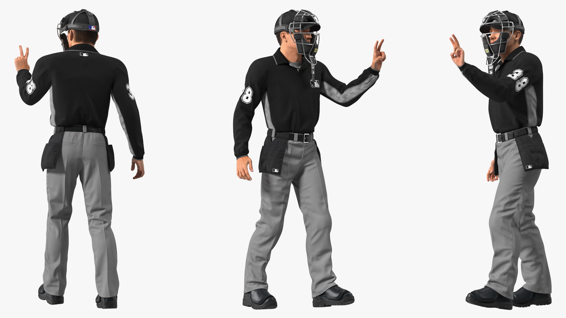 3D Baseball Umpire with Protective Mask and Cap Showing Points Pose Fur model