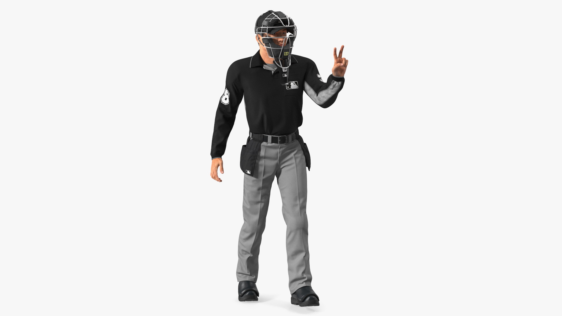 3D Baseball Umpire with Protective Mask and Cap Showing Points Pose Fur model