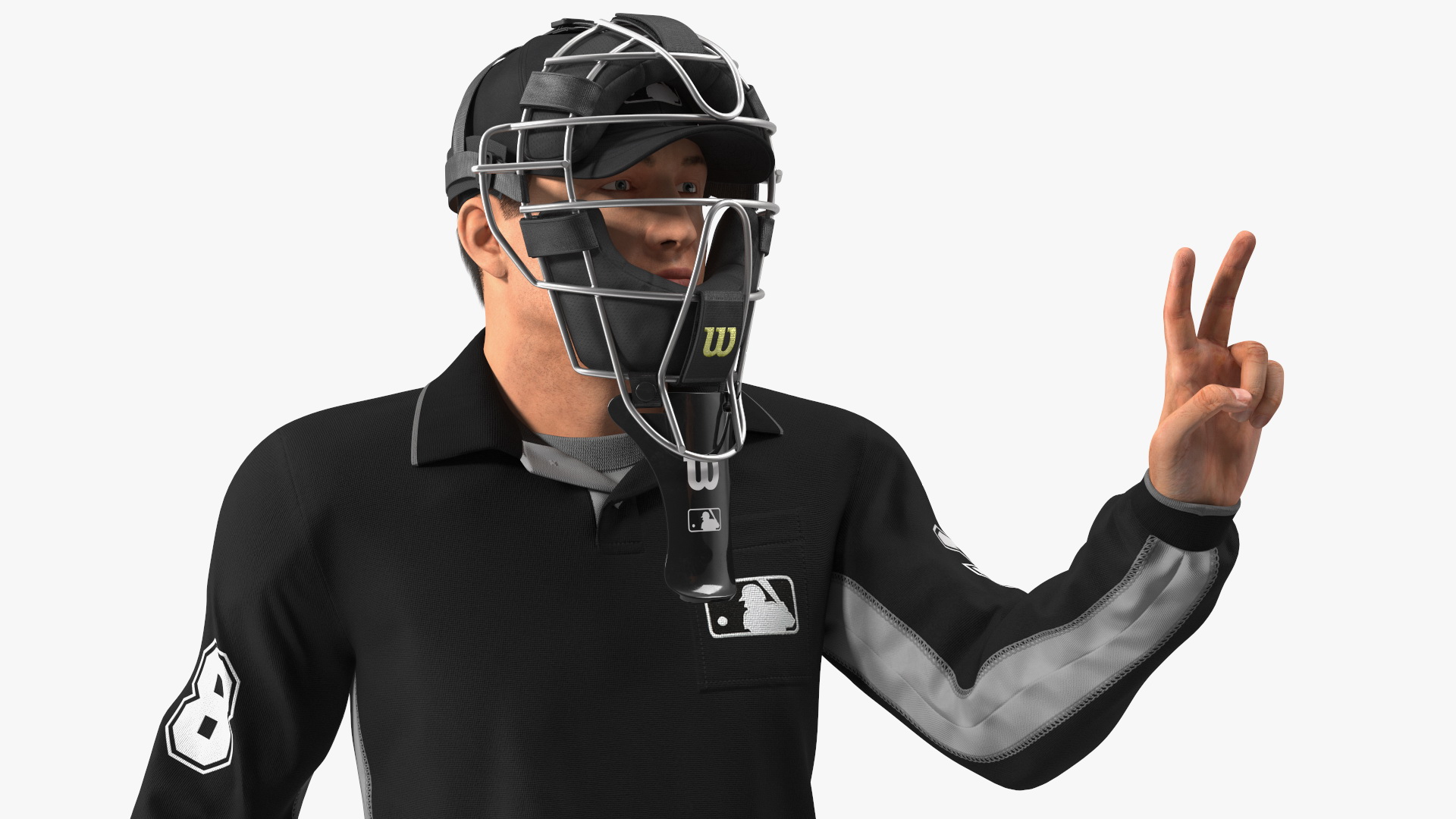 3D Baseball Umpire with Protective Mask and Cap Showing Points Pose Fur model