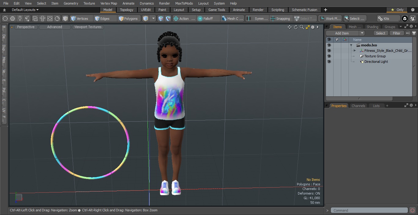 Fitness Style Black Child Girl with Hoop T-Pose 3D