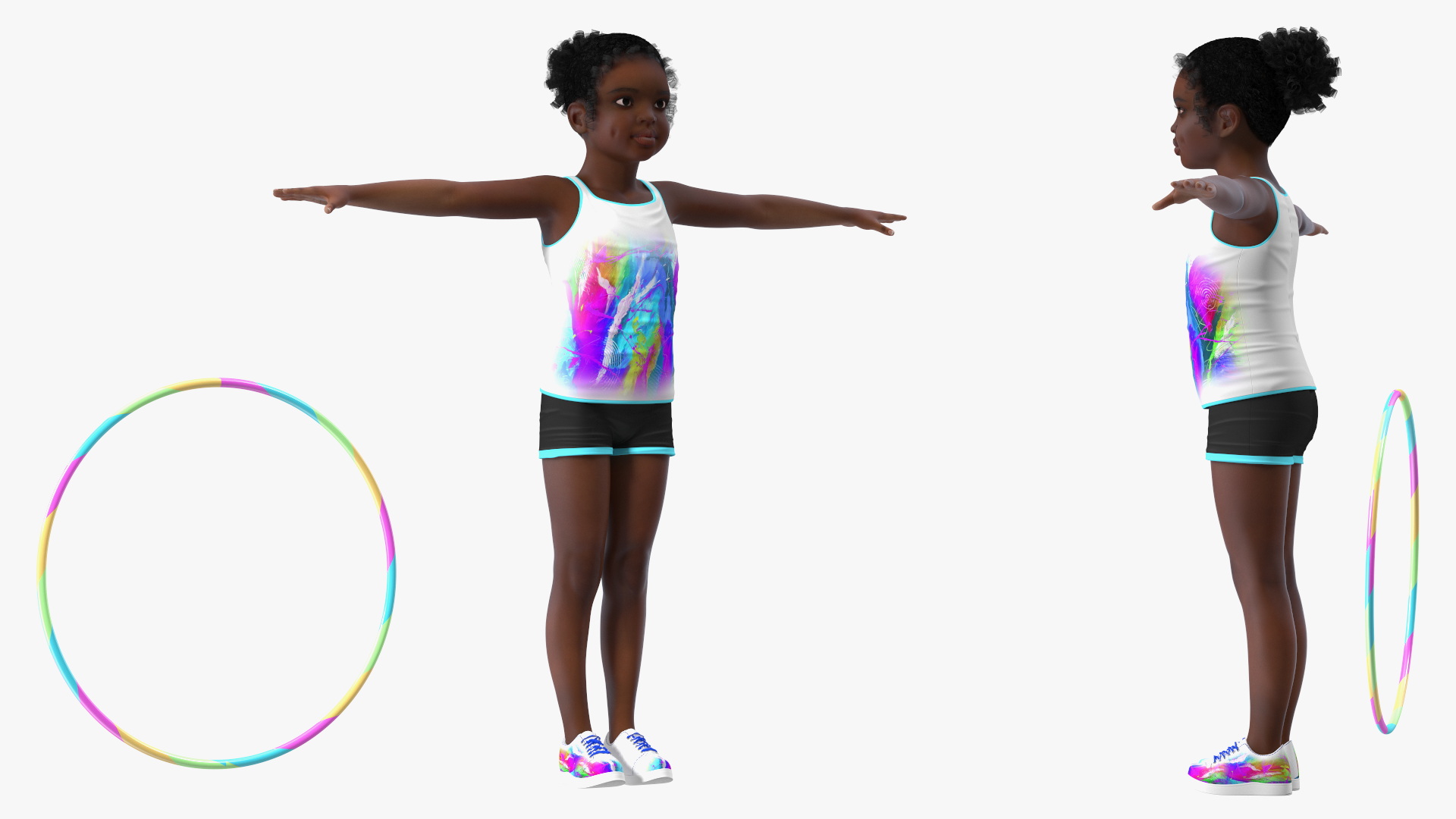 Fitness Style Black Child Girl with Hoop T-Pose 3D