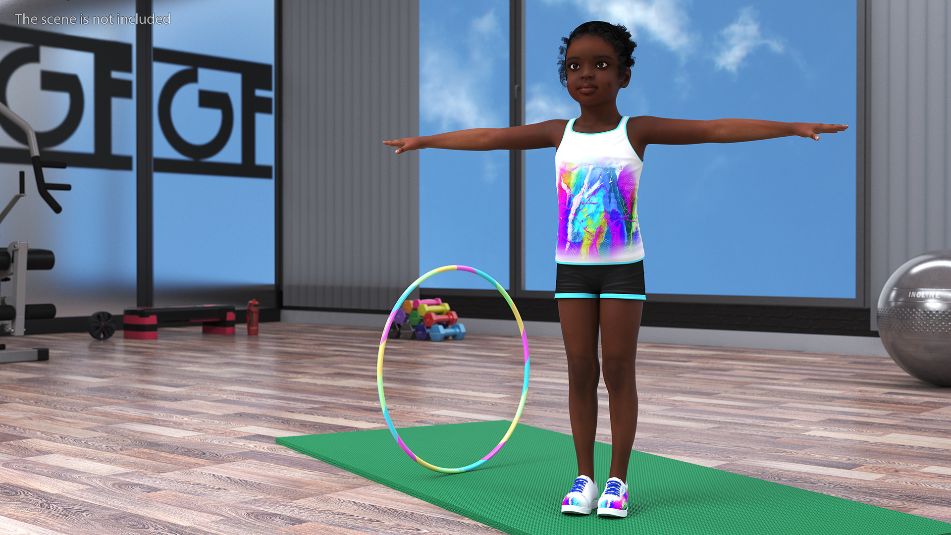 Fitness Style Black Child Girl with Hoop T-Pose 3D