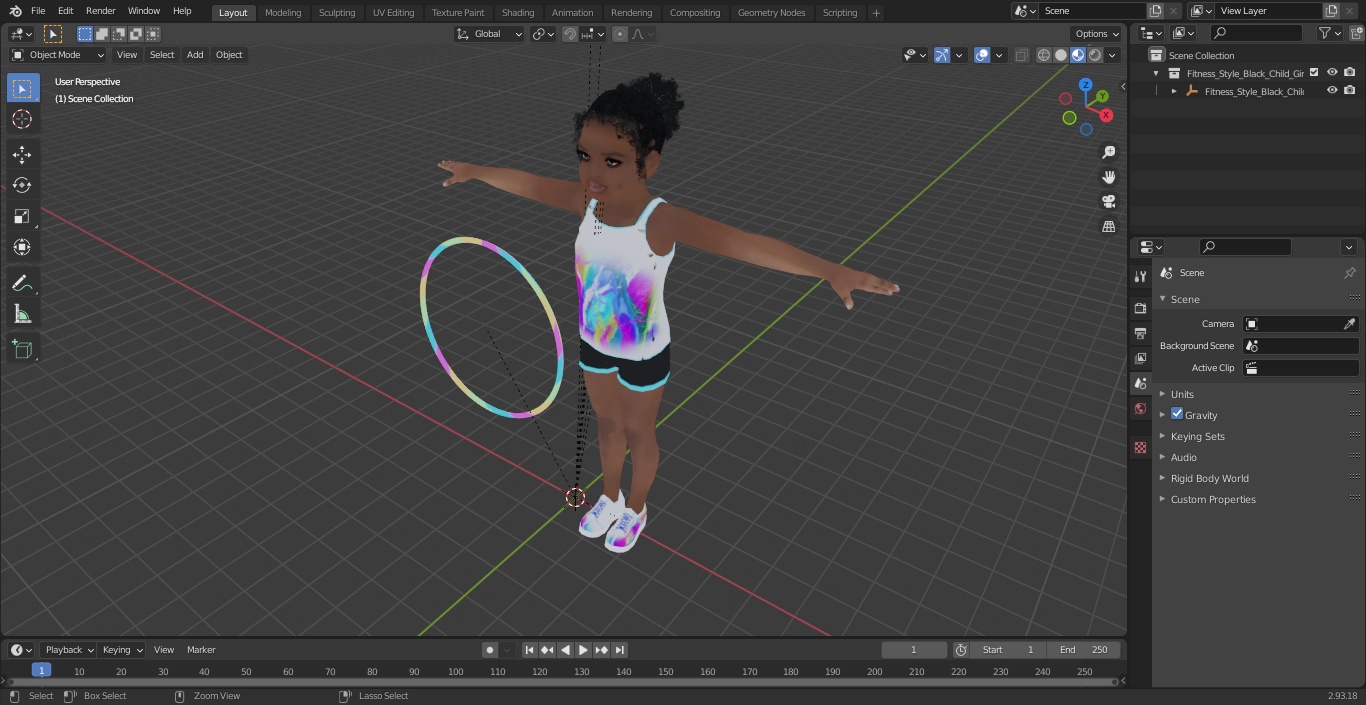 Fitness Style Black Child Girl with Hoop T-Pose 3D