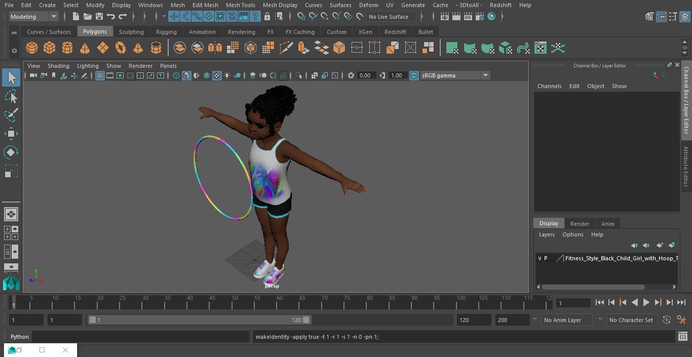 Fitness Style Black Child Girl with Hoop T-Pose 3D