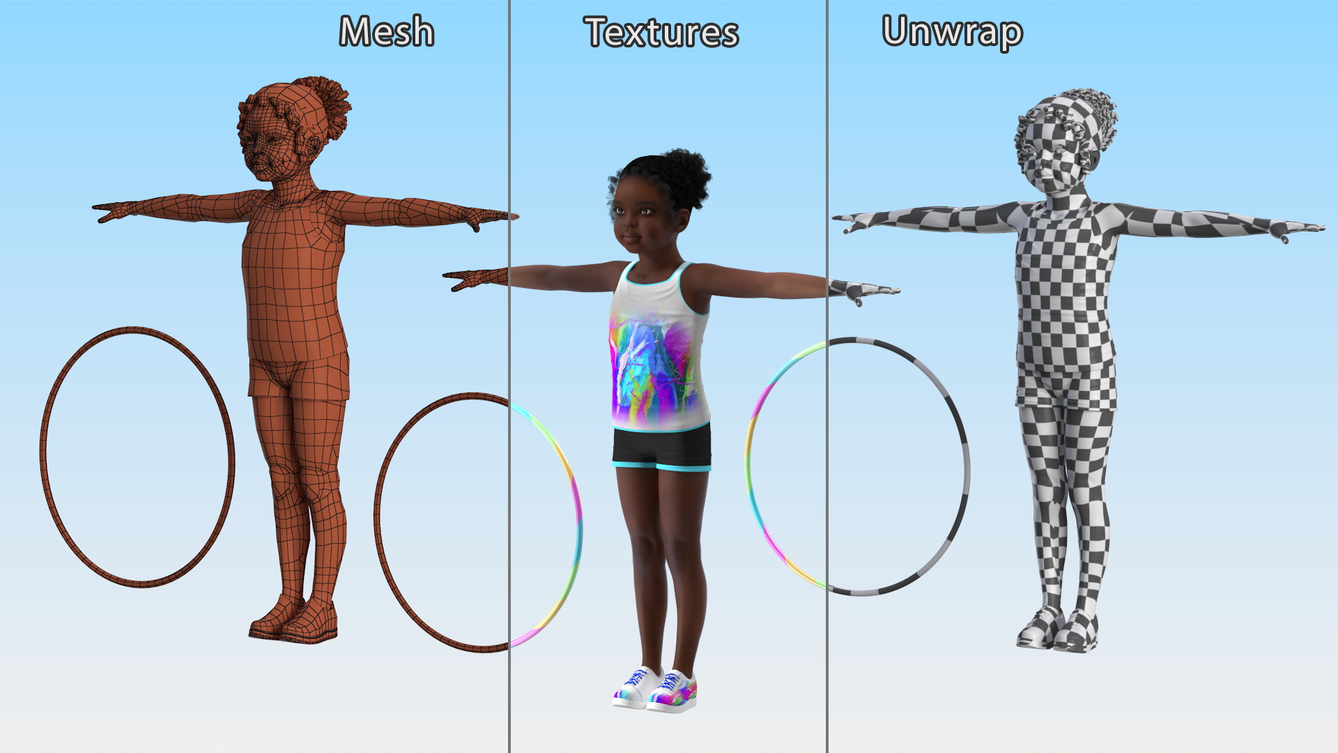 Fitness Style Black Child Girl with Hoop T-Pose 3D