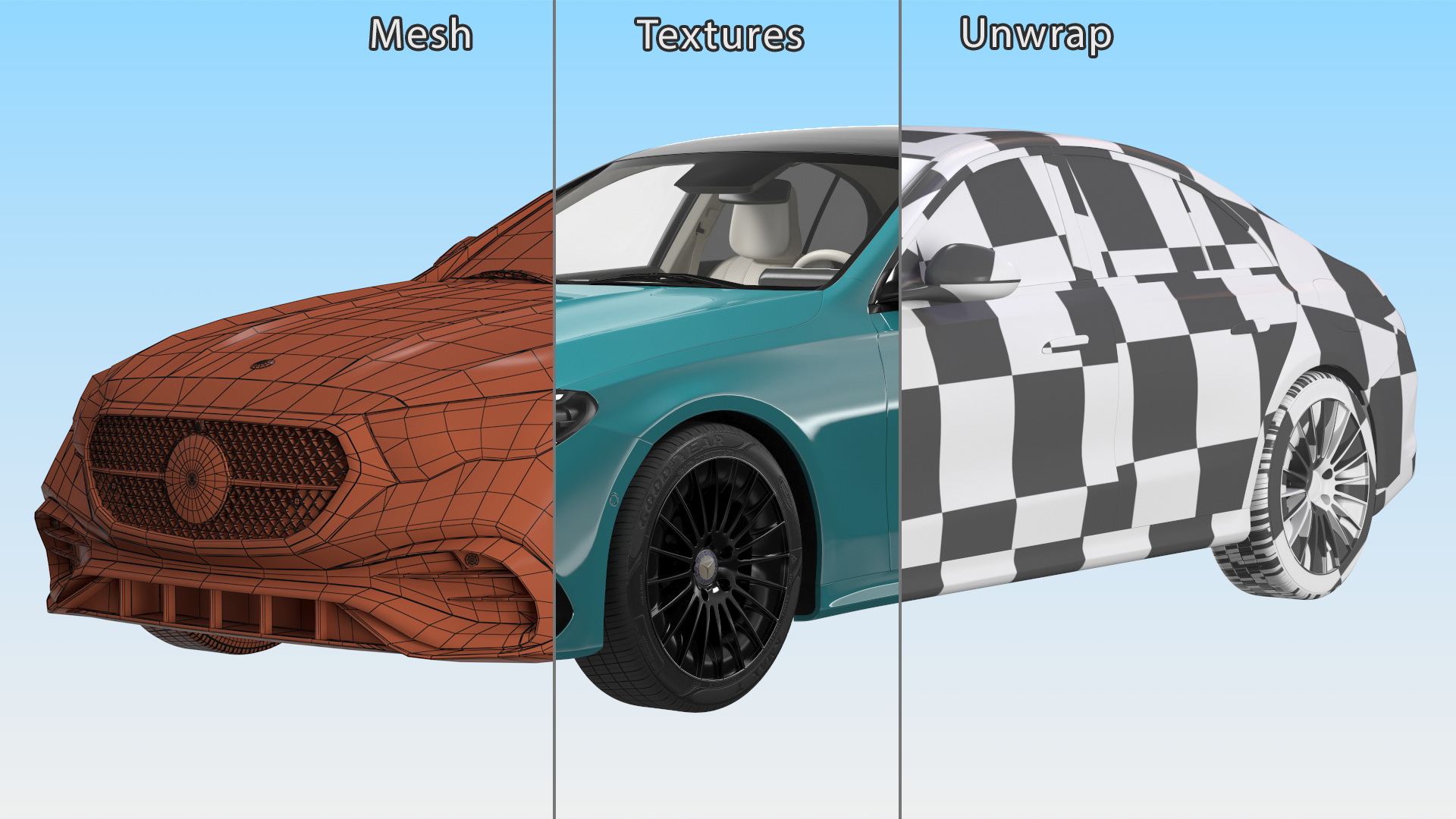 3D Mercedes E-class Turquoise Color Rigged for Maya model