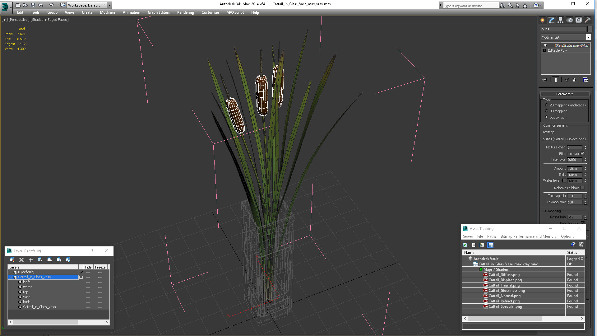 3D Cattail in Glass Vase