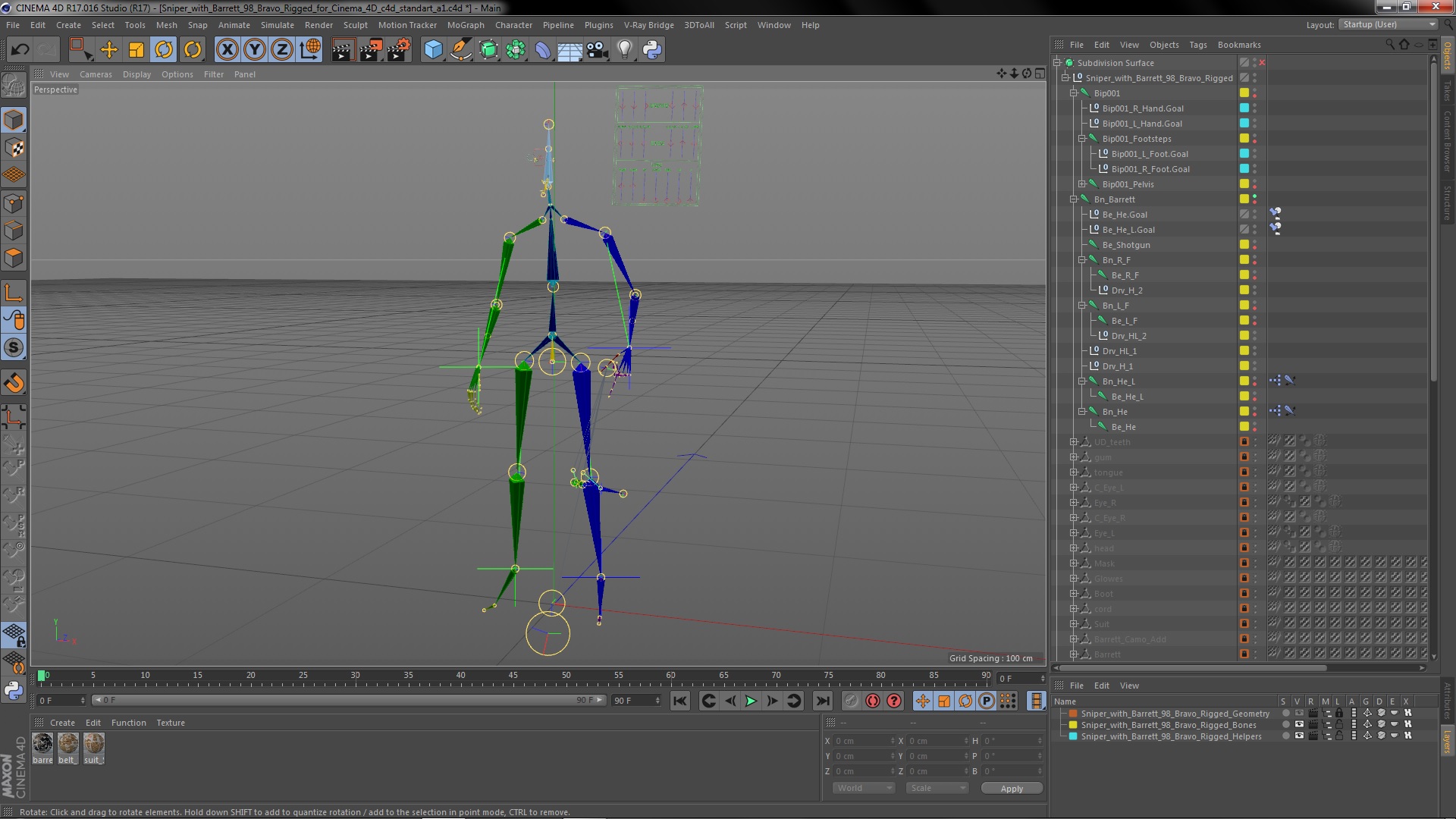 Sniper with Barrett 98 Bravo Rigged for Cinema 4D 3D model