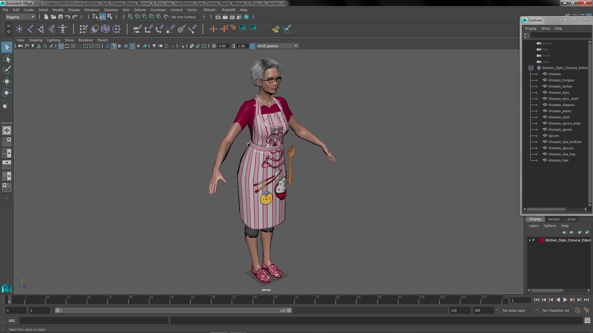Kitchen Style Chinese Elderly Woman A-Pose 3D