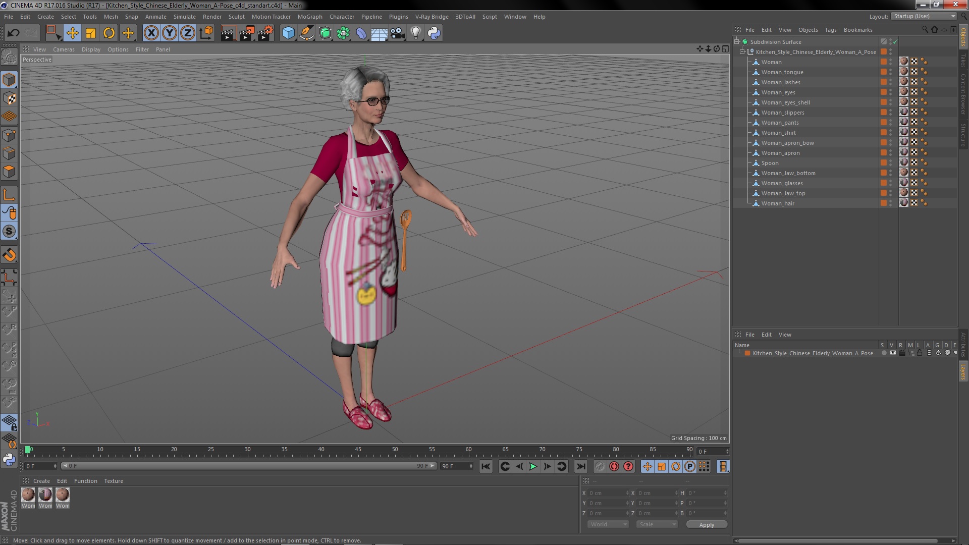 Kitchen Style Chinese Elderly Woman A-Pose 3D