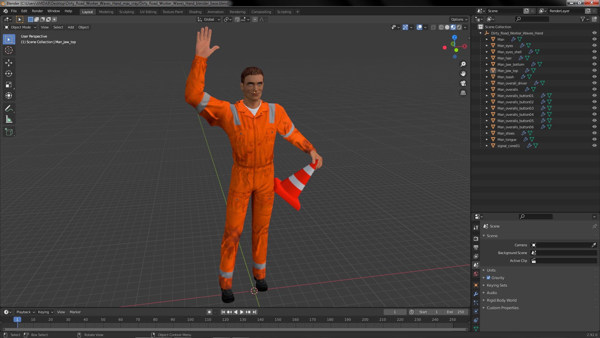 3D Dirty Road Worker Waves Hand model