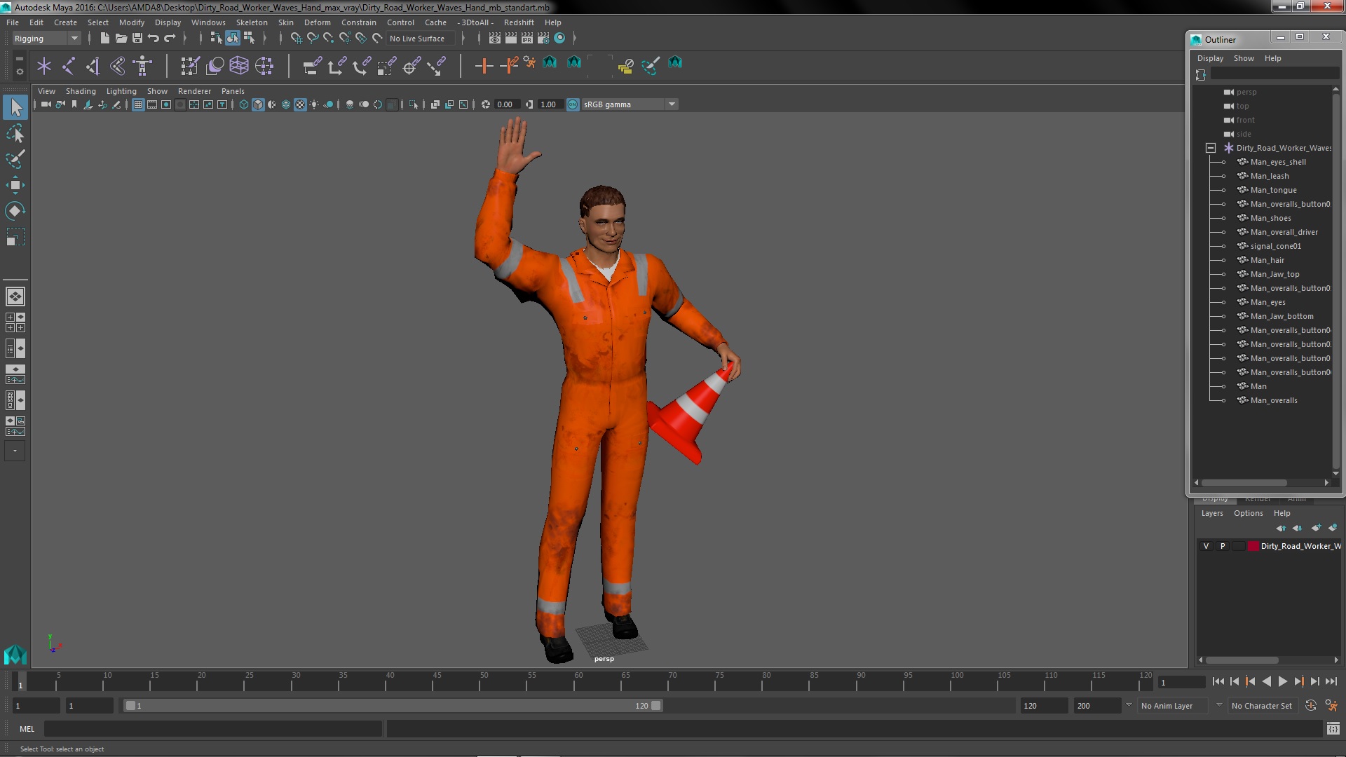 3D Dirty Road Worker Waves Hand model