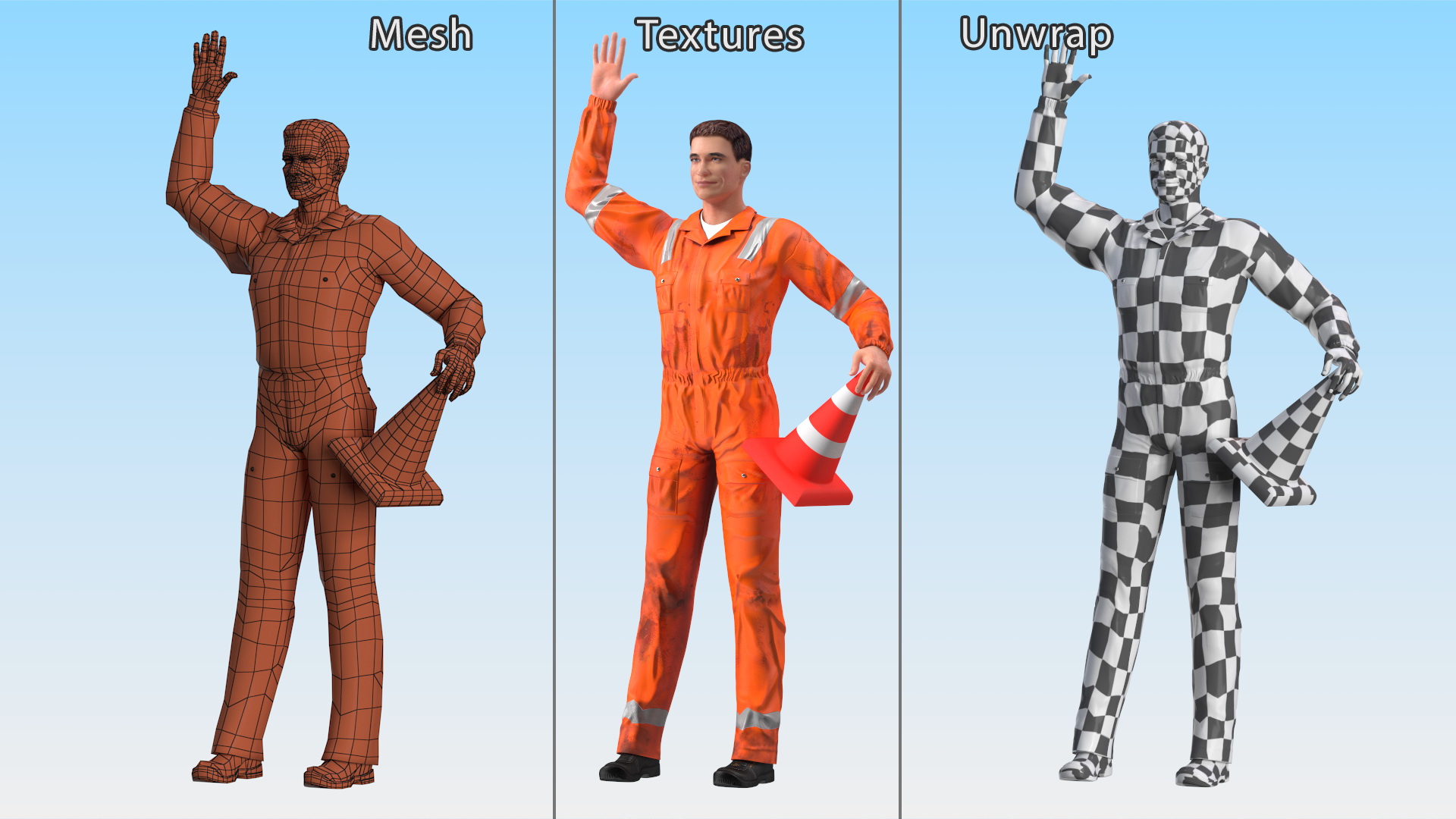 3D Dirty Road Worker Waves Hand model