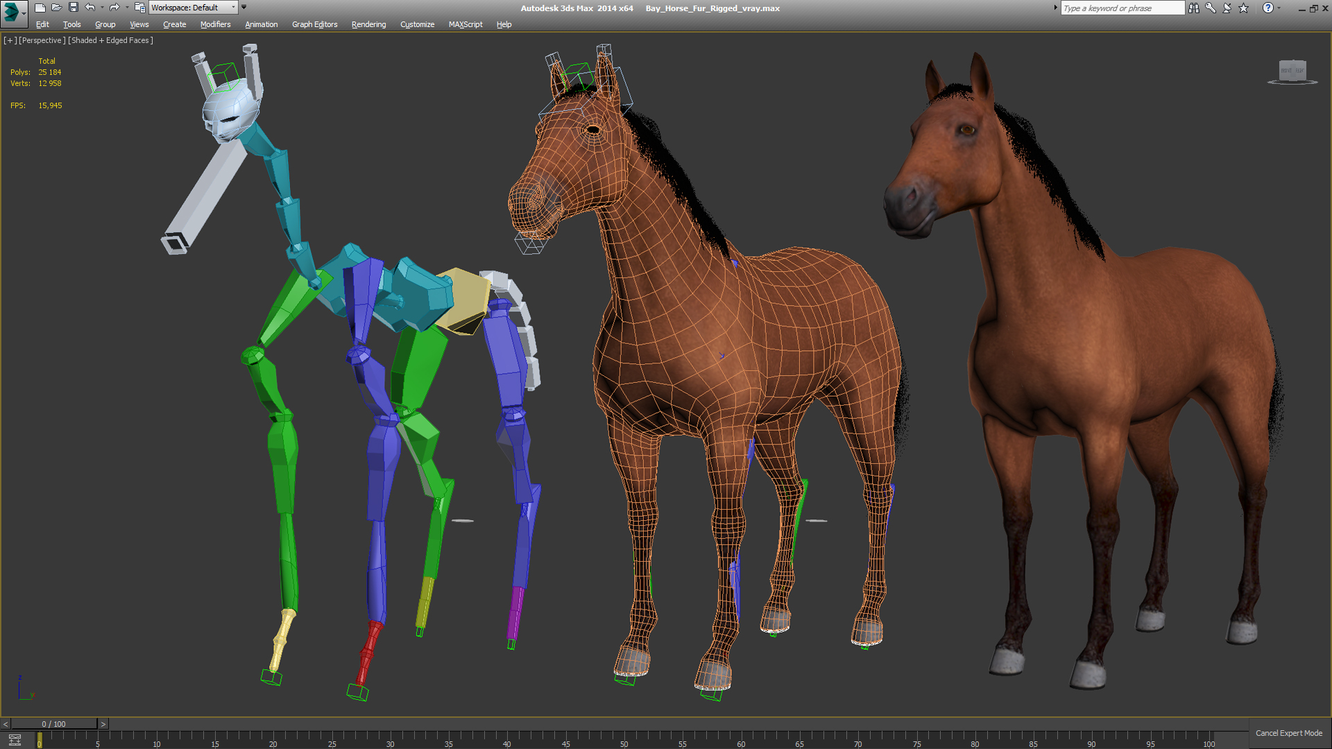 3D model Bay Horse Fur Rigged