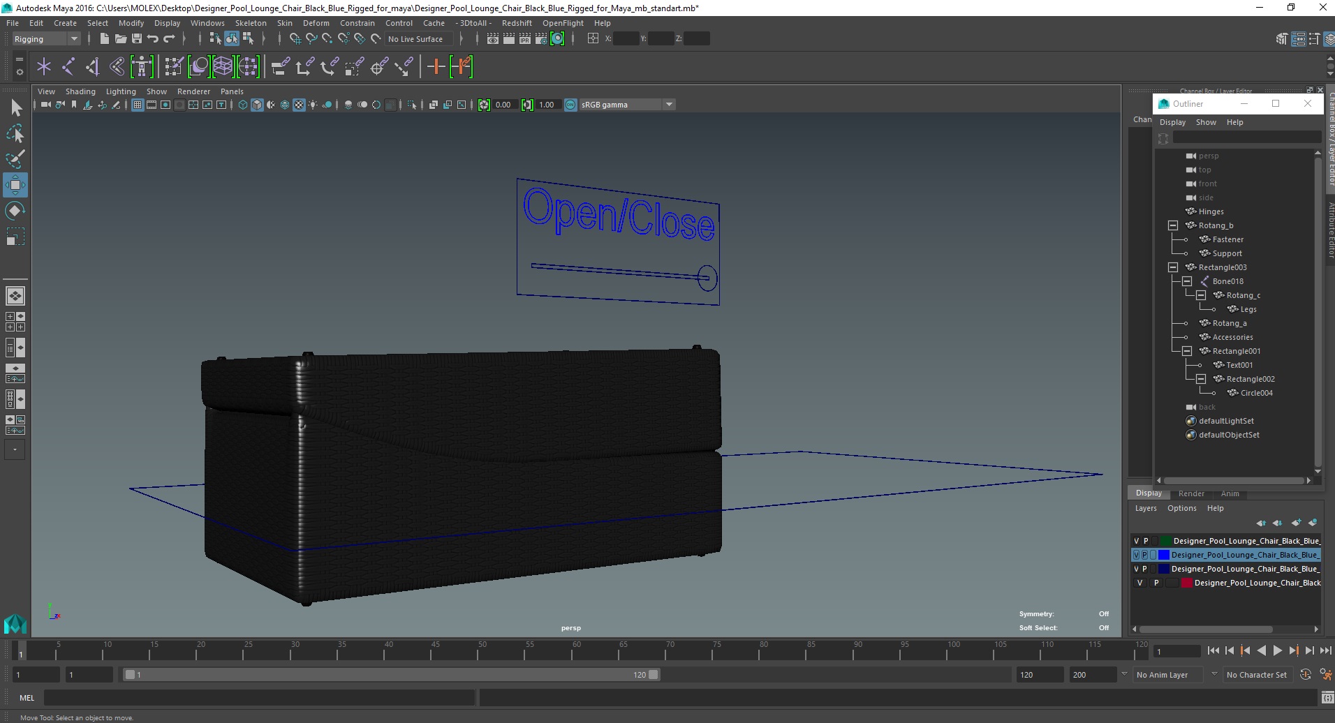 3D Designer Pool Lounge Chair Black Blue Rigged for Maya model