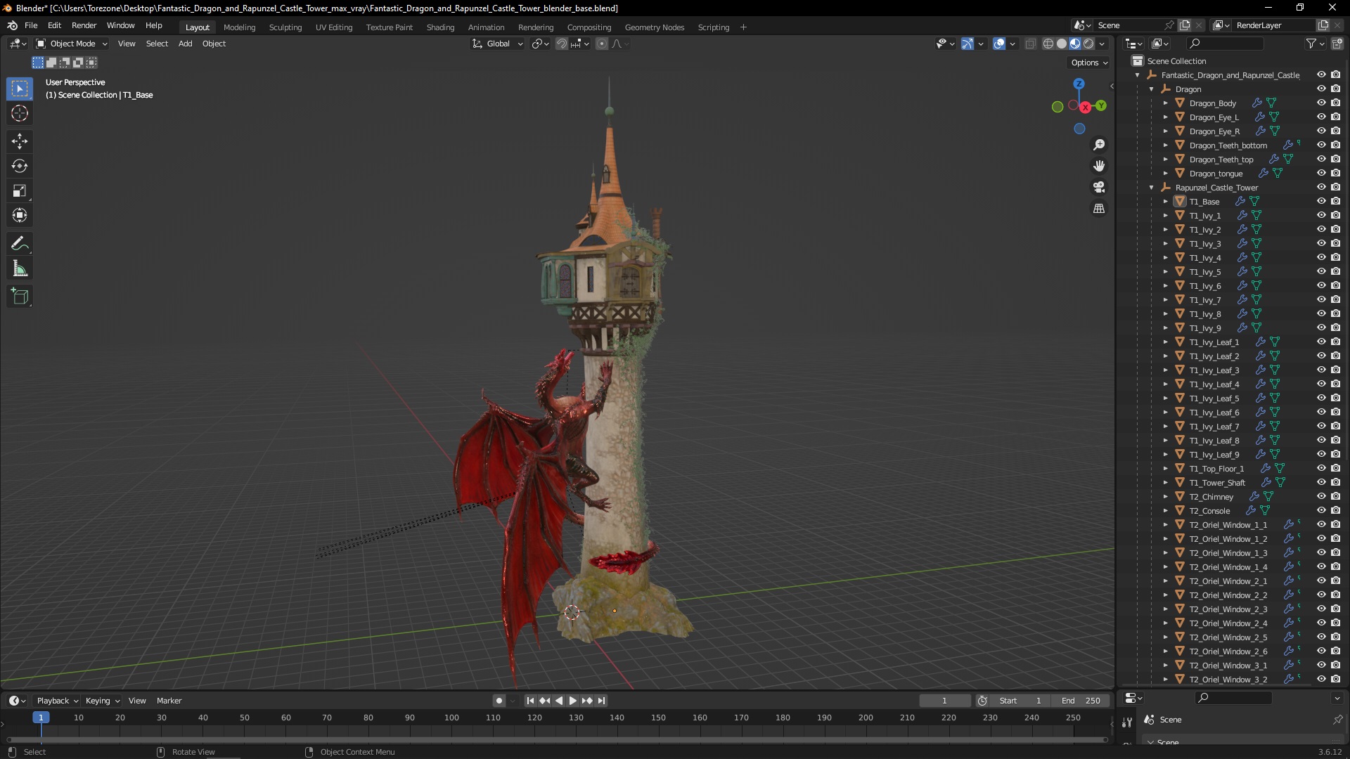 Fantastic Dragon and Rapunzel Castle Tower 3D