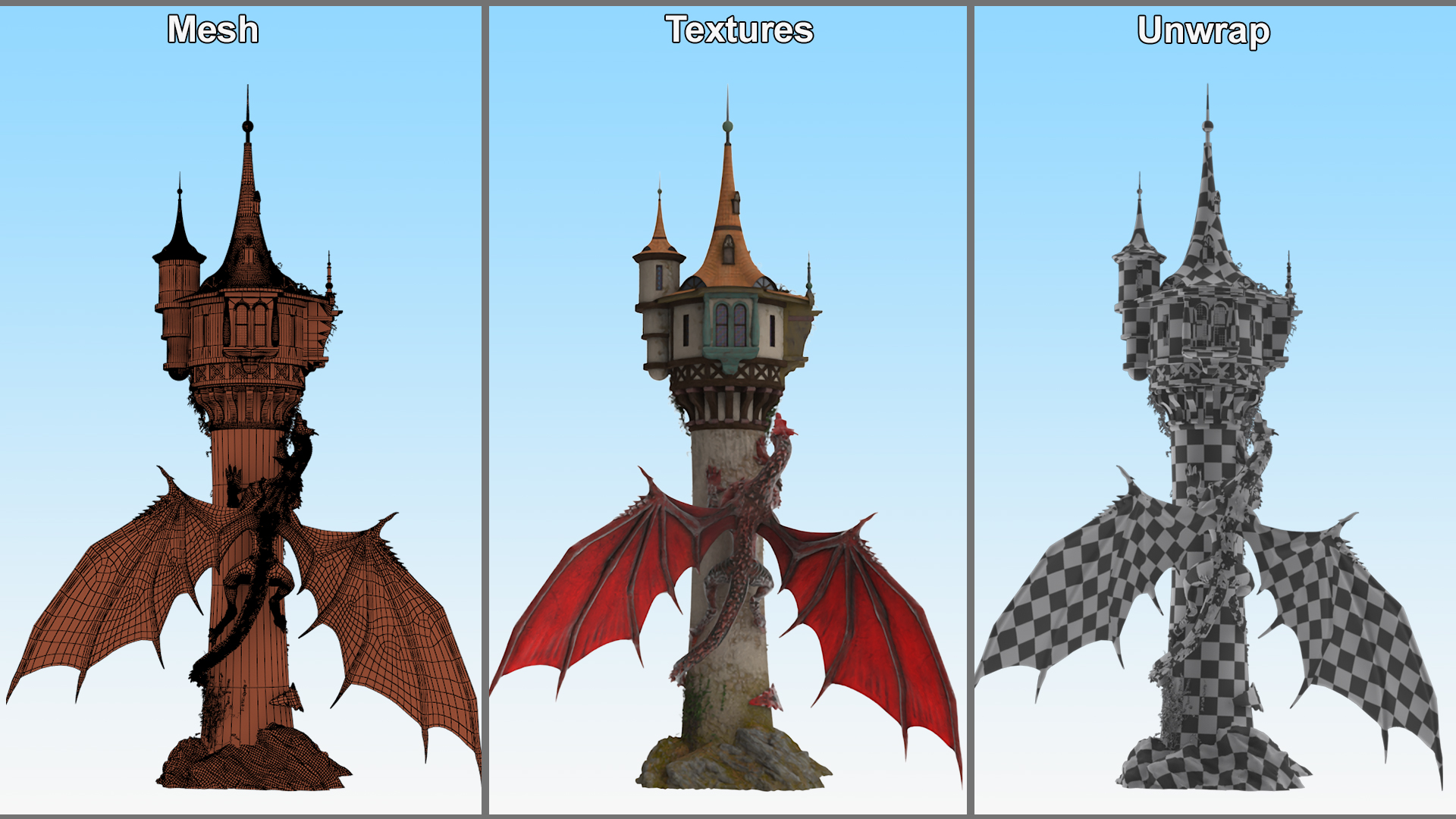 Fantastic Dragon and Rapunzel Castle Tower 3D