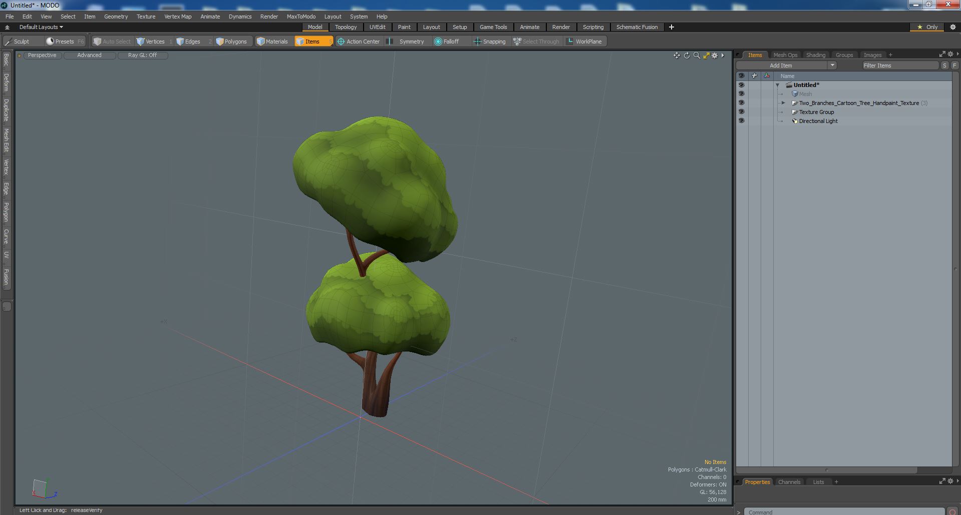 3D Two Branches Cartoon Tree Handpaint Texture model