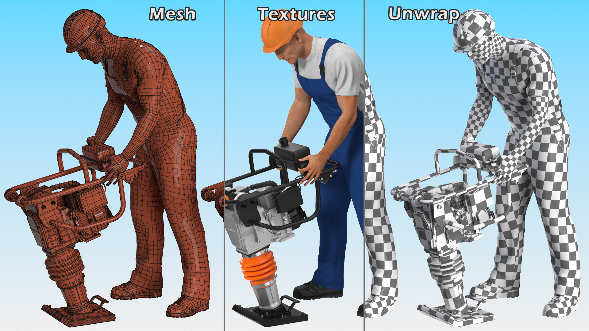 3D Construction Worker with WEN 56040 Tamping Rammer Rigged