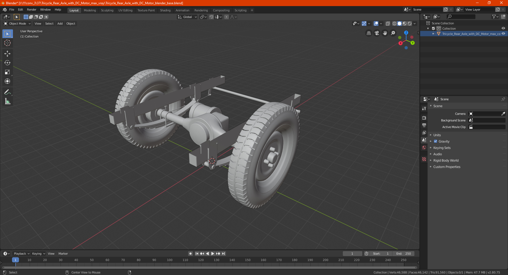 Tricycle Rear Axle with DC Motor 3D
