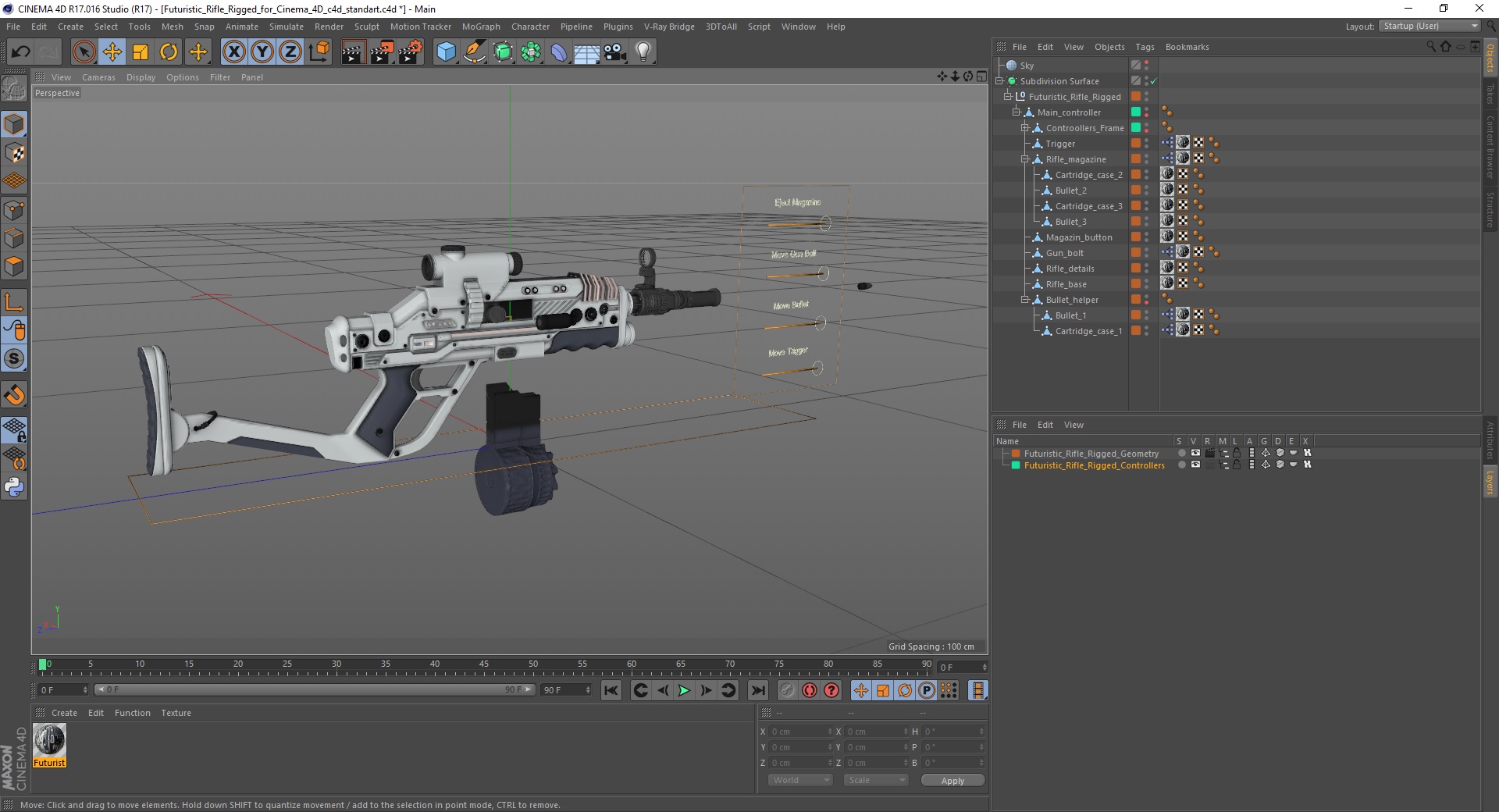 Futuristic Rifle Rigged for Cinema 4D 3D