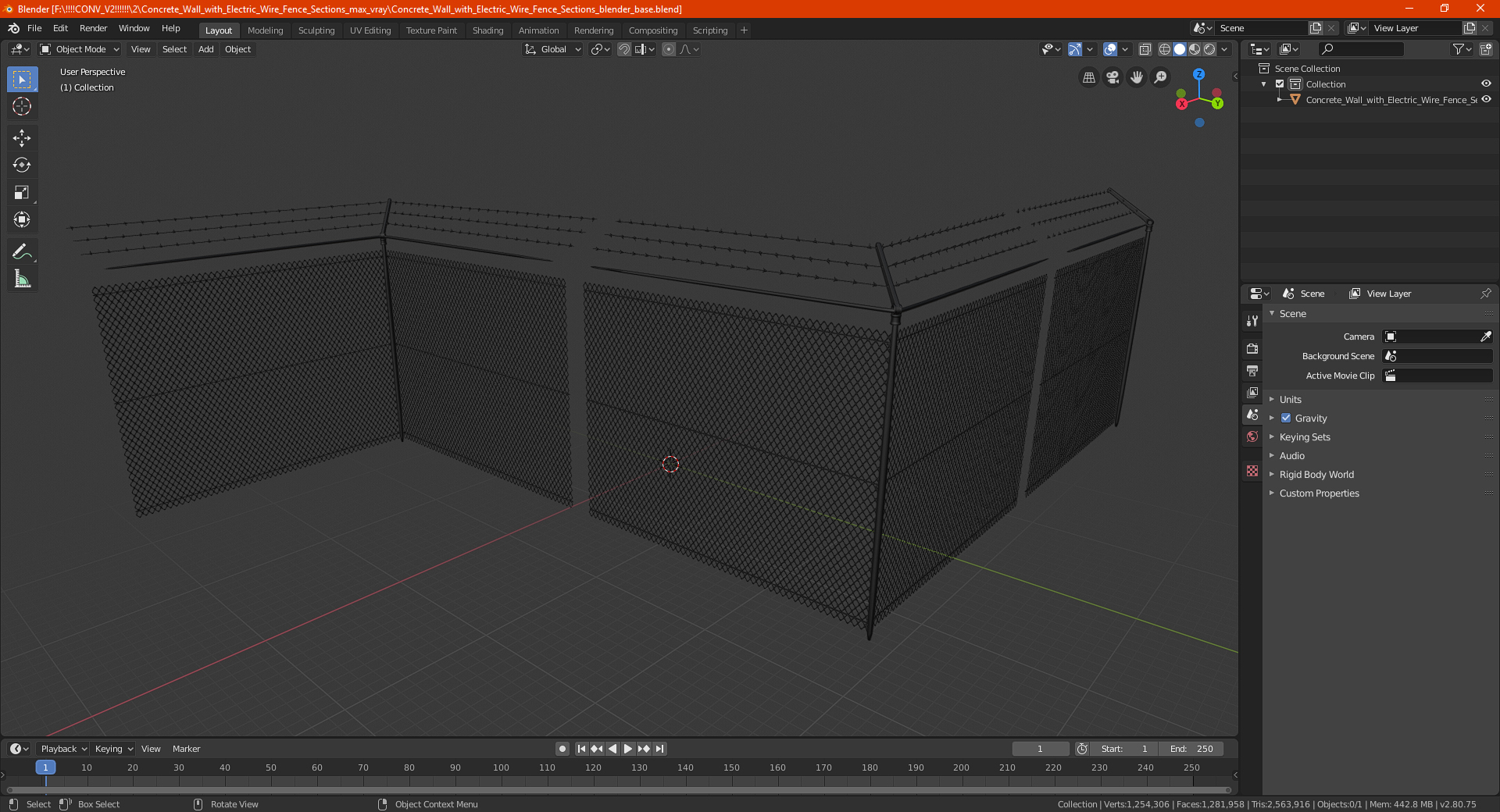 Concrete Wall with Electric Wire Fence Sections 3D