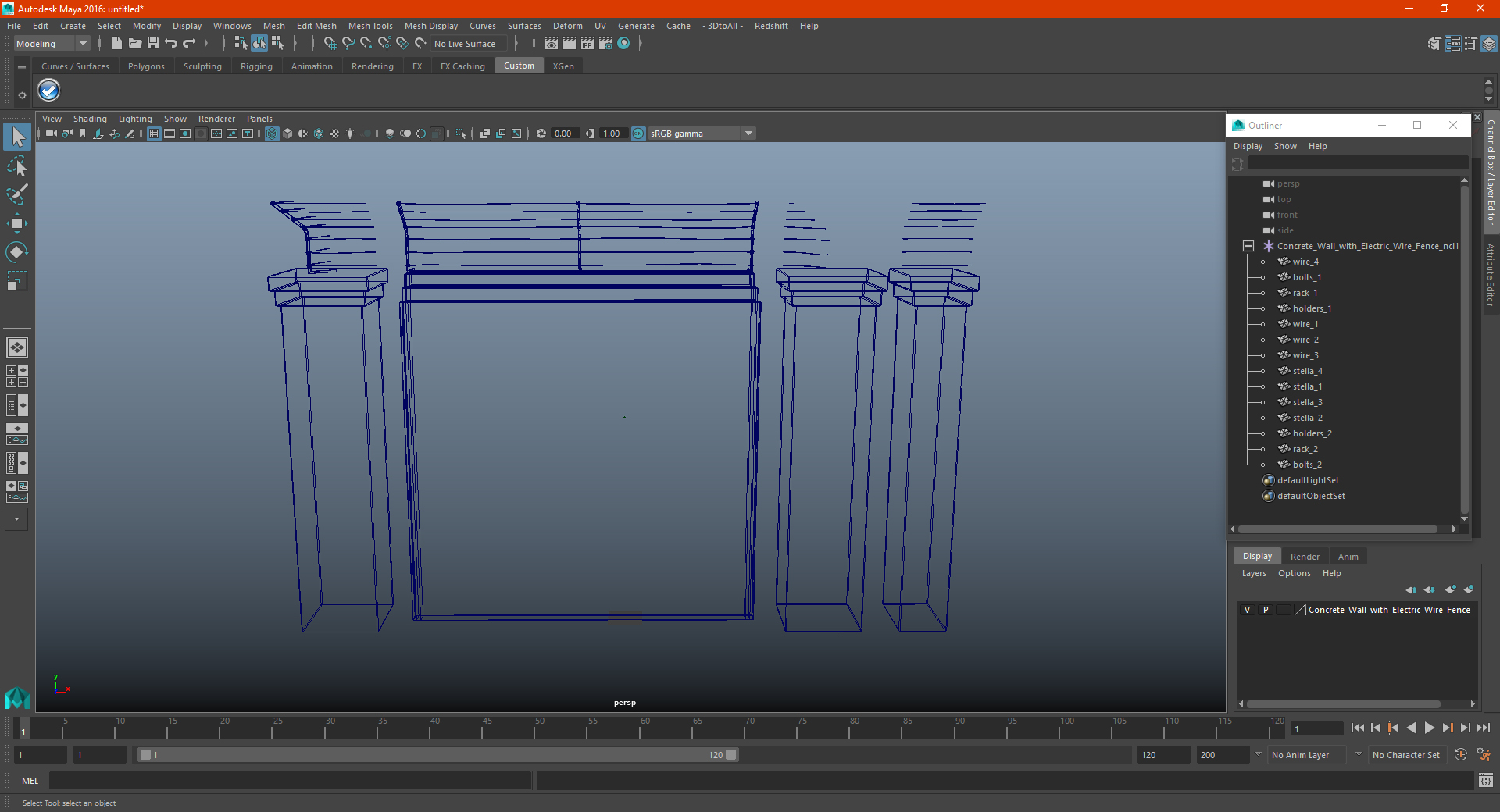 Concrete Wall with Electric Wire Fence Sections 3D