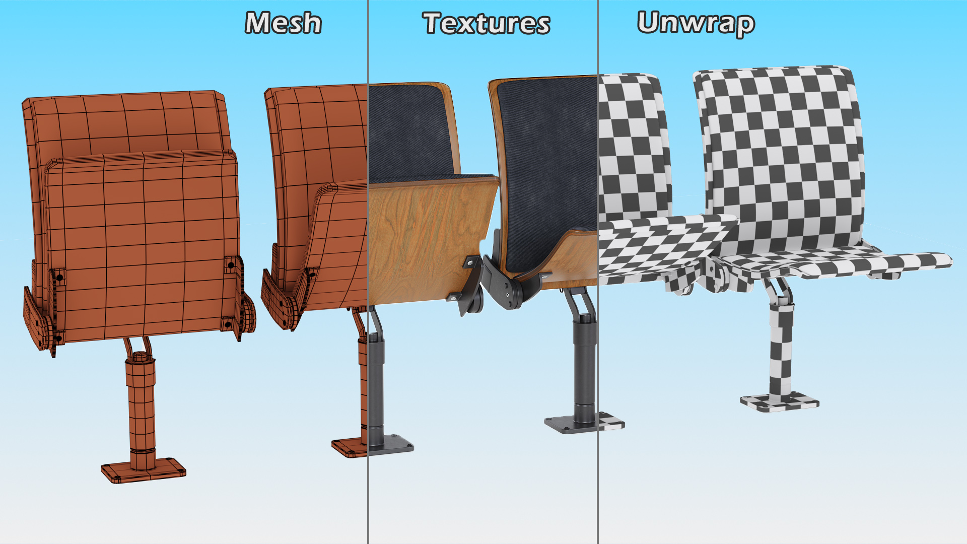 3D Auditorium Soft Seating Dark Wood model