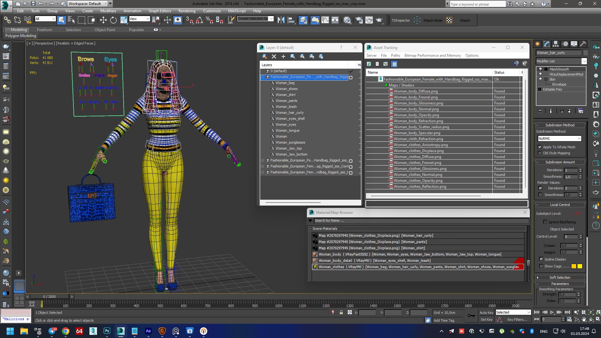 3D Fashionable European Female with Handbag Rigged for Maya