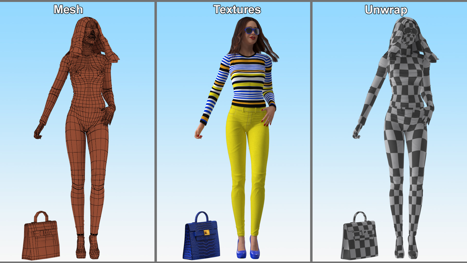 3D Fashionable European Female with Handbag Rigged for Maya