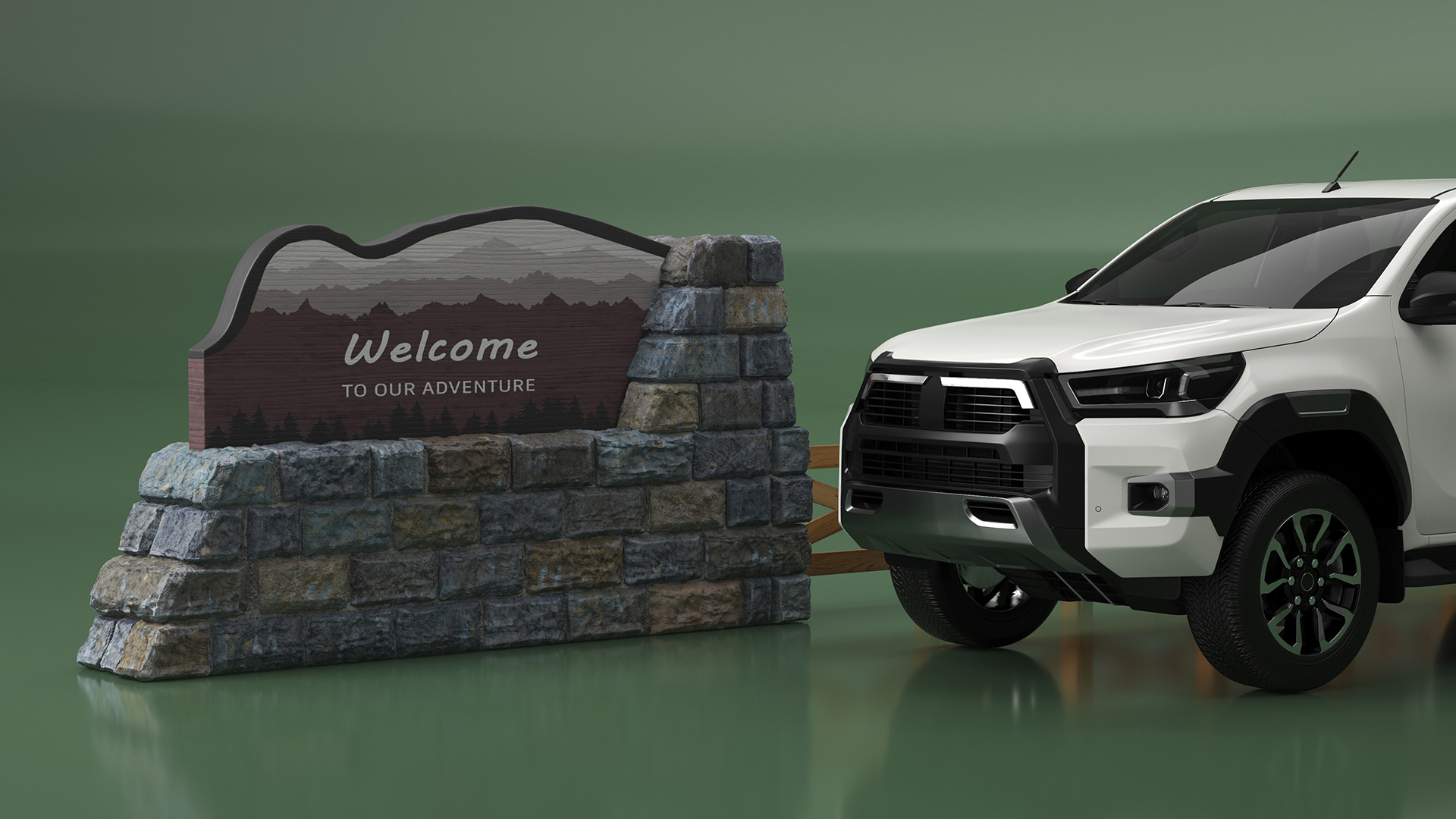 Stone Gateway Monument and Pickup Truck 3D model